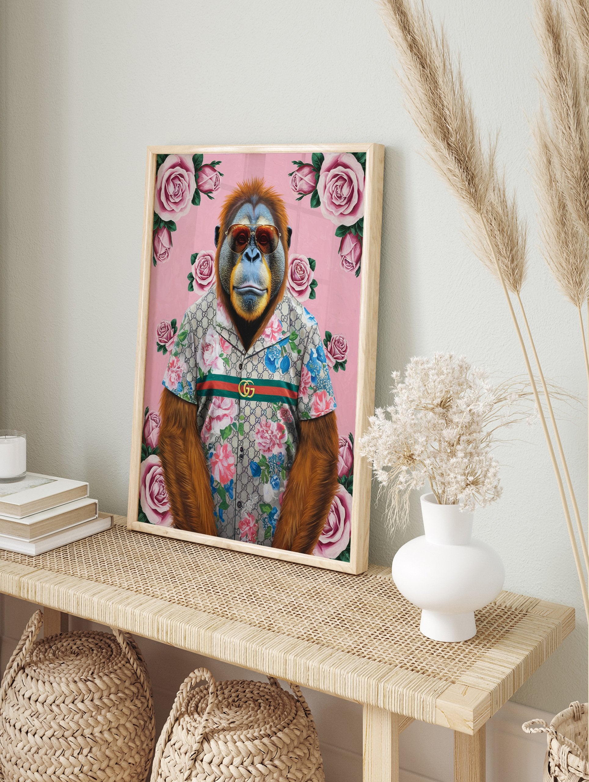 Orangutan poster wearing a Gucci floral shirt and sunglasses, set against a pink background with multiple pink roses. - Image 4