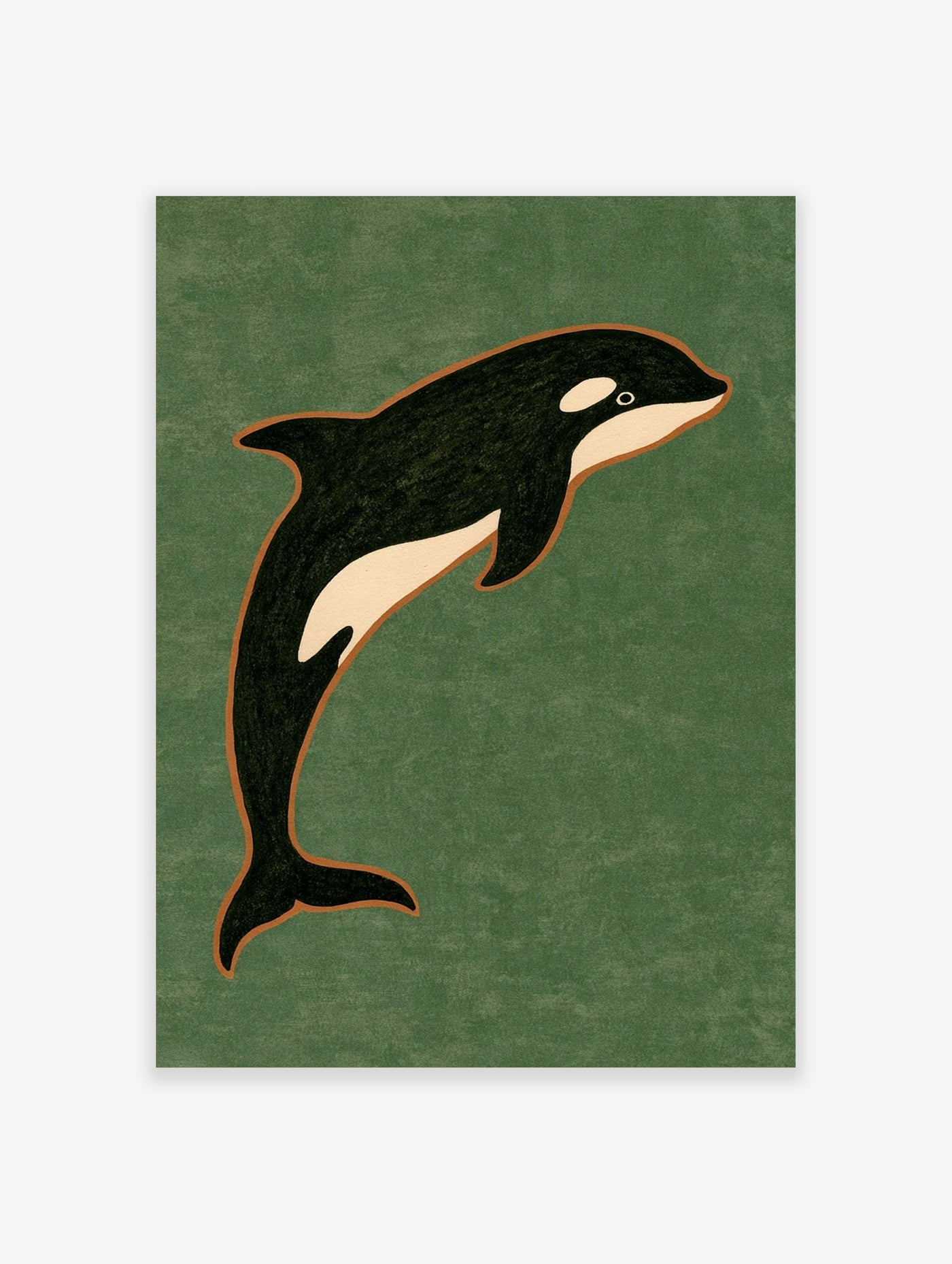 Minimalist orca killer whale illustration with orange outline on a dark green background