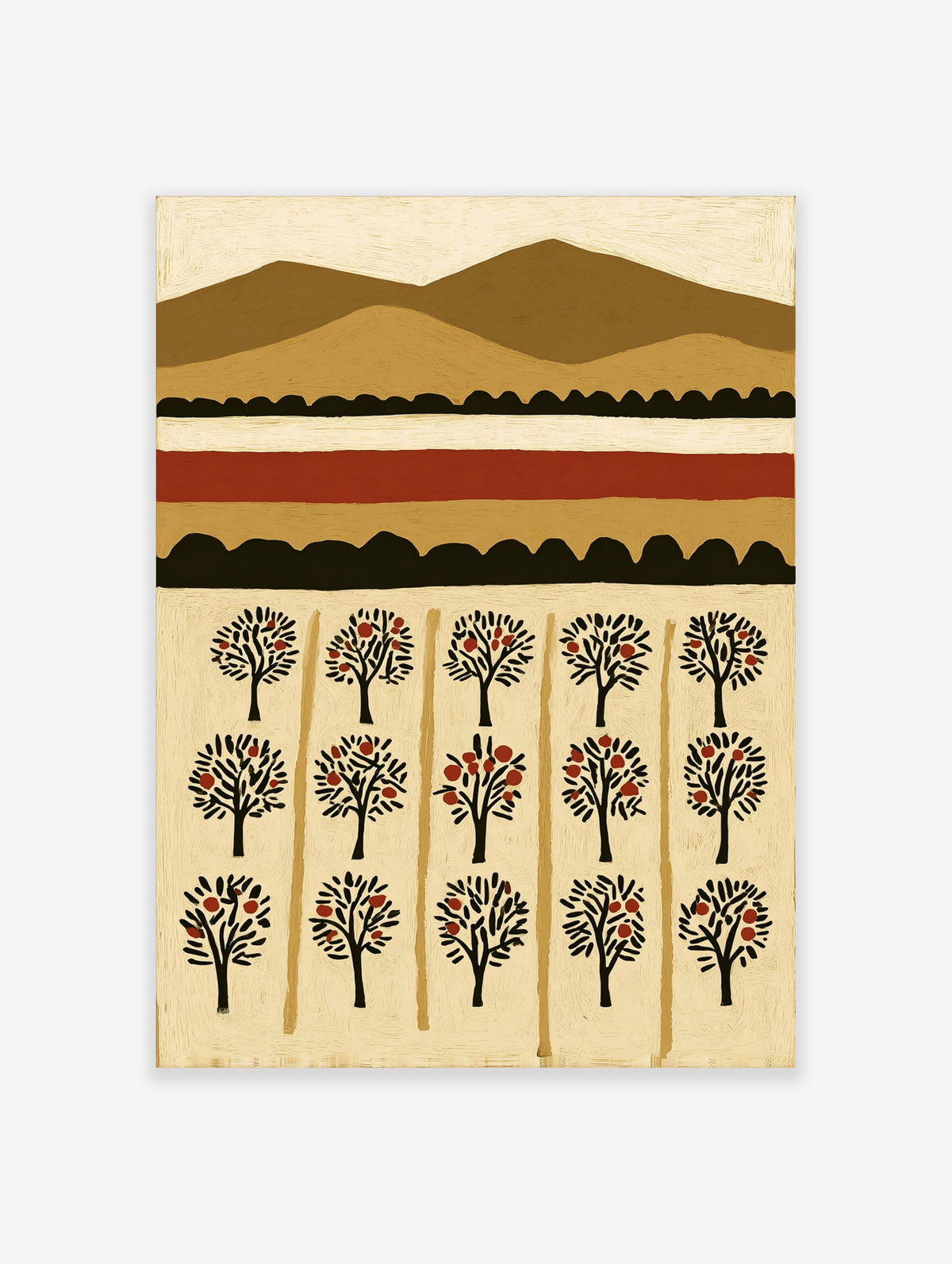 Orchard wall art with stylised trees bearing red fruit, layered brown hills, and a red stripe on beige background