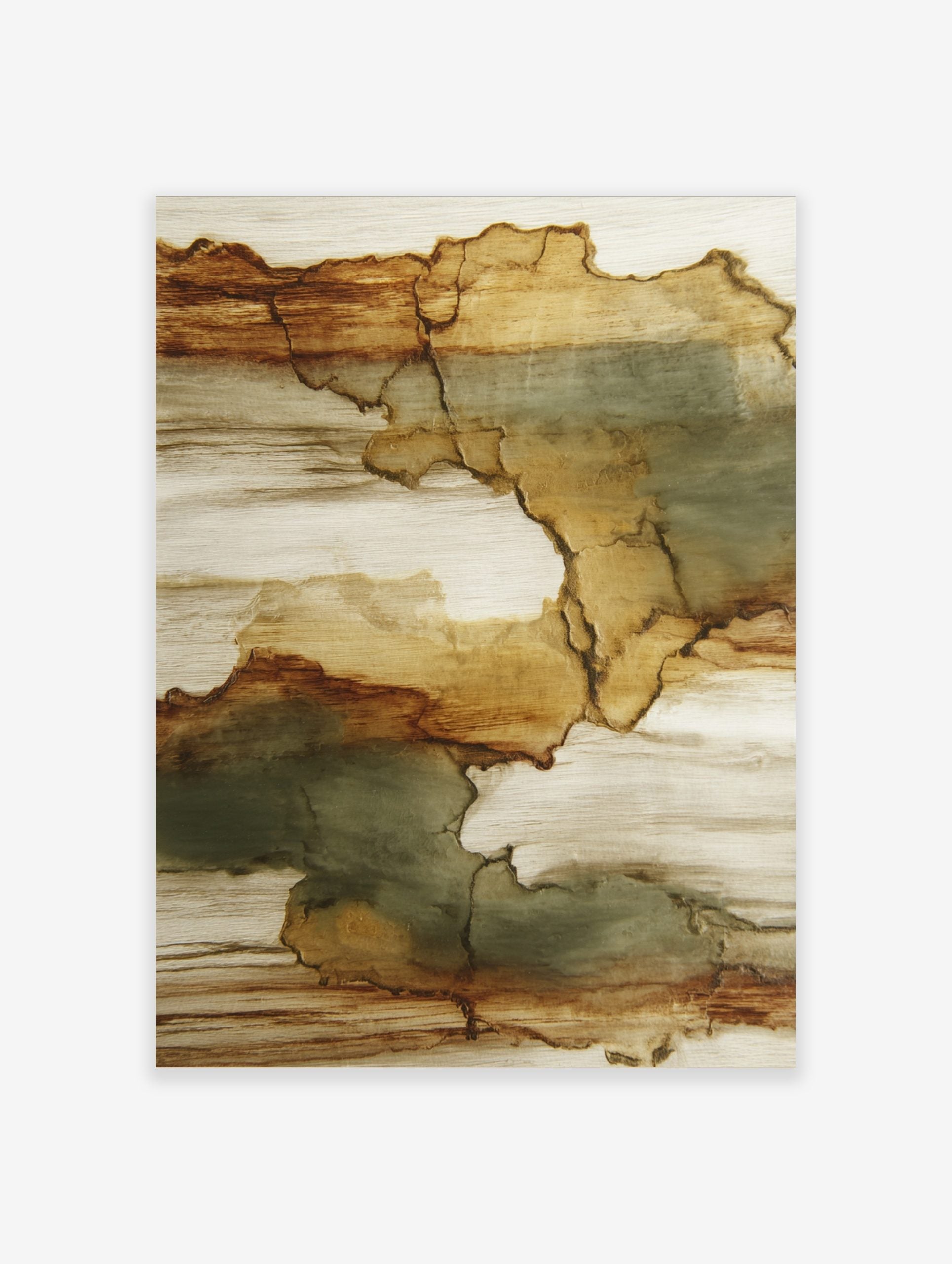 Abstract wall art print with organic shapes in brown, tan, and muted green-grey, on a textured white background