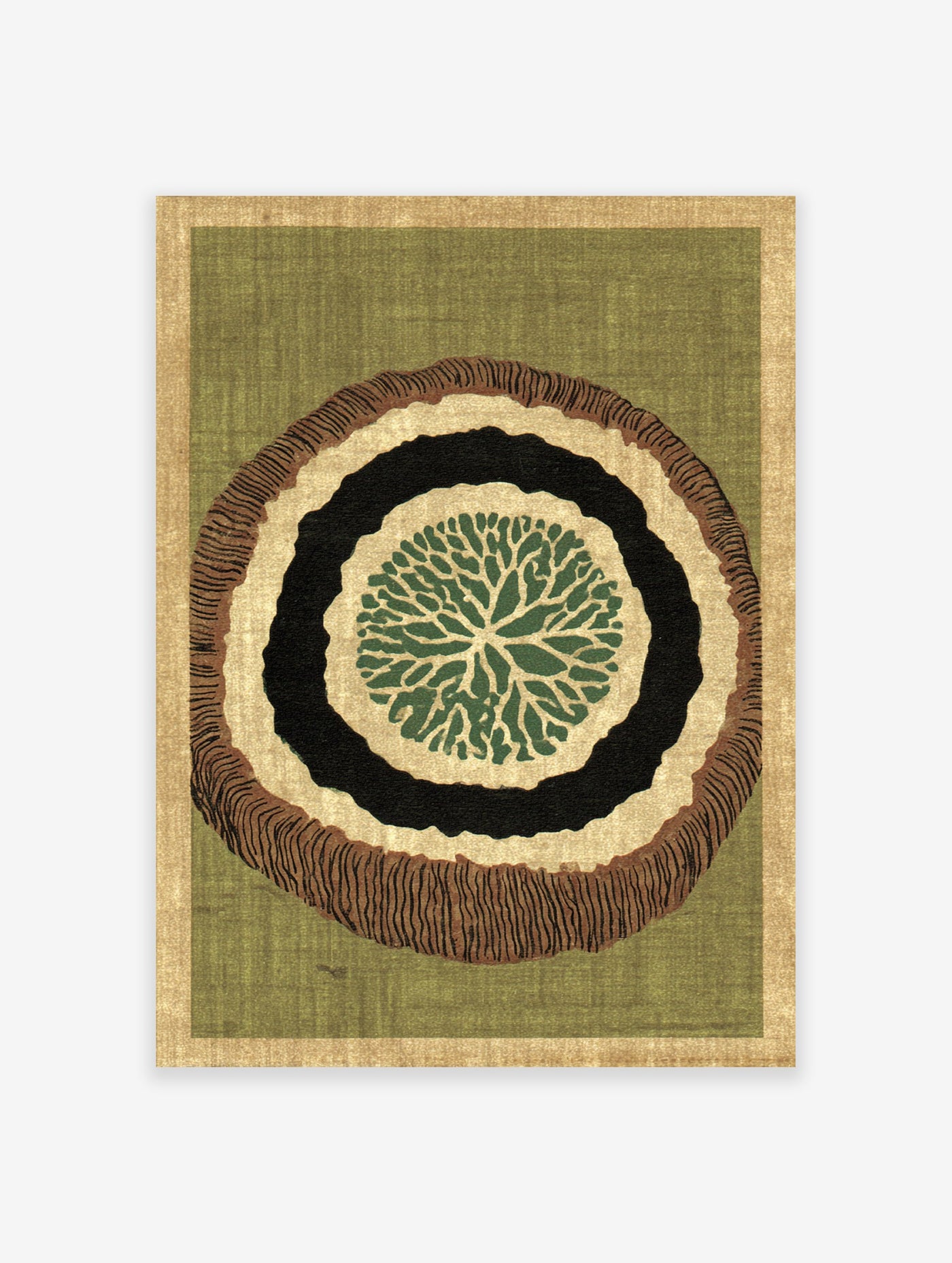 Organic abstract wall art print with green, black, and brown concentric rings, resembling a tree slice, on a green background.