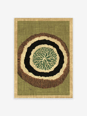 Organic abstract wall art print with green, black, and brown concentric rings, resembling a tree slice, on a green background.