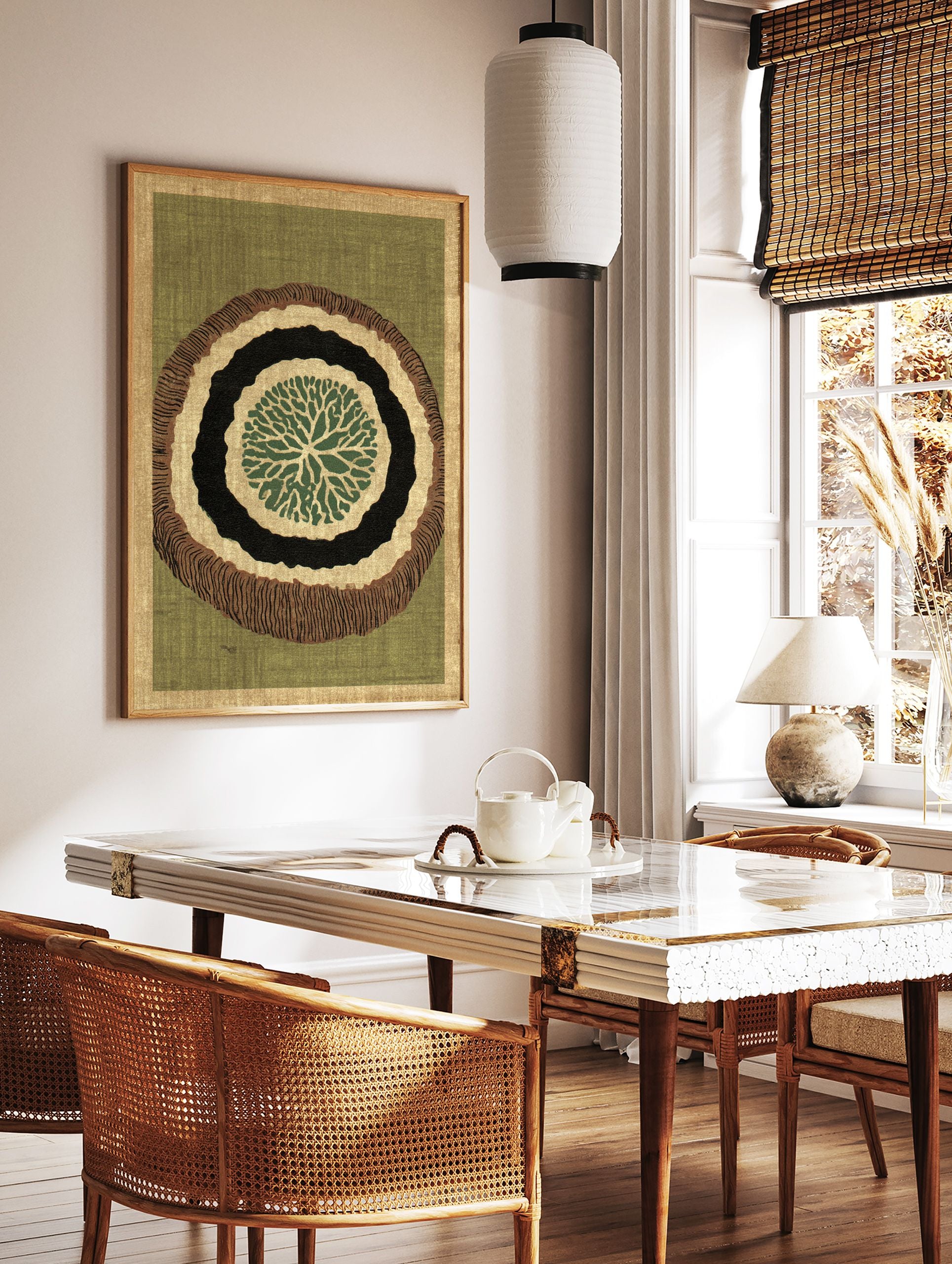 Organic abstract wall art print with green, black, and brown concentric rings, resembling a tree slice, on a green background. - Image 2