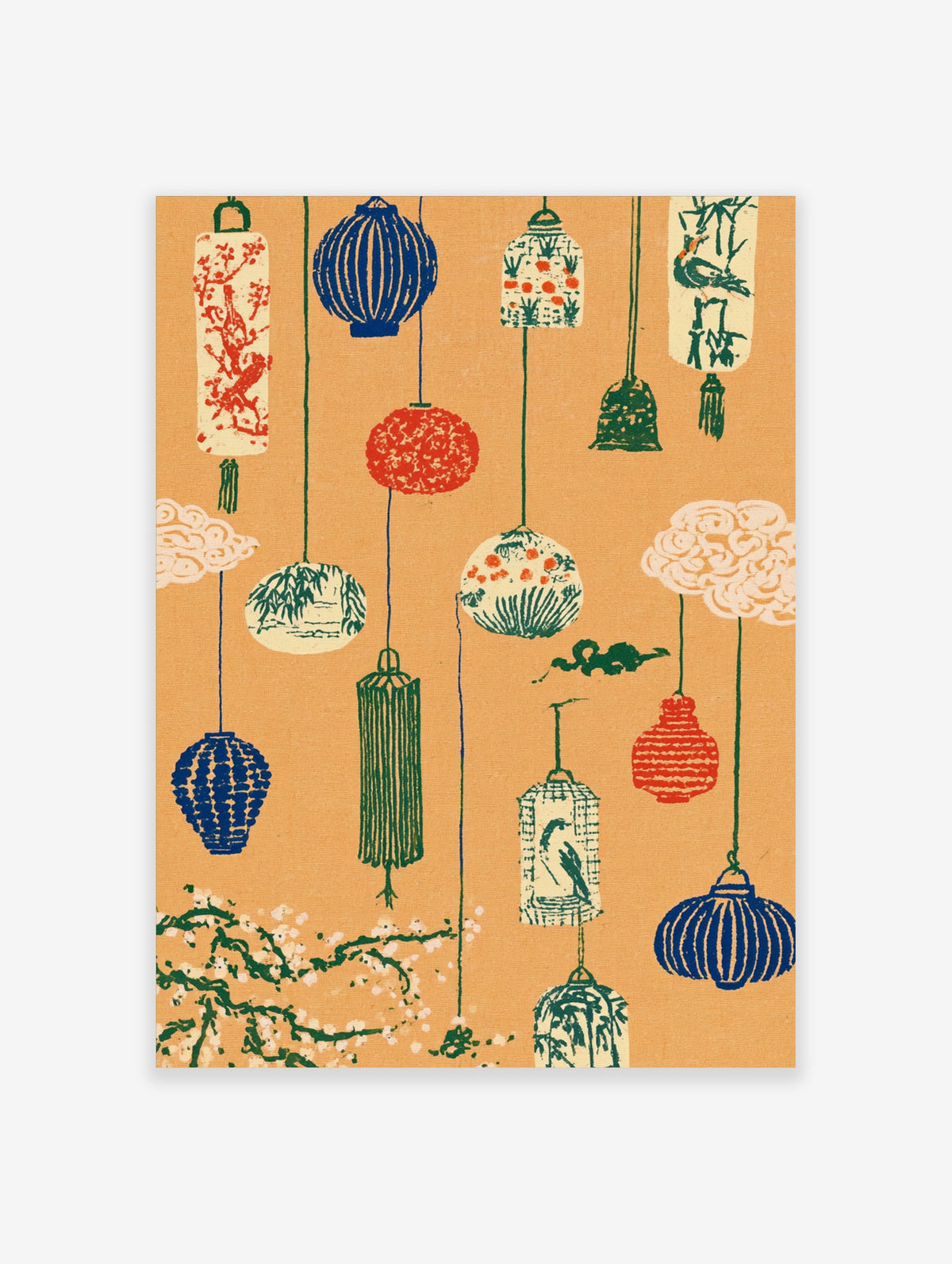 Oriental lantern wall art print with hanging paper lanterns, birdcages, and cherry blossom on tan background