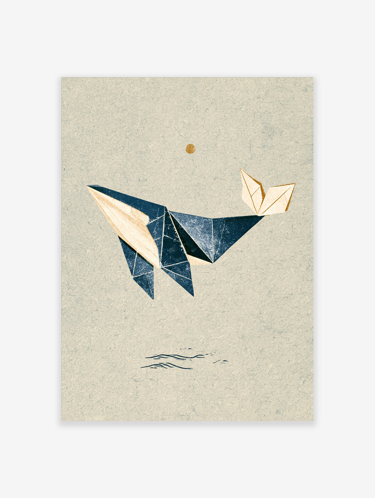 Geometric origami crane paper print with navy and cream folds, gold sun, and line-drawn water on beige background