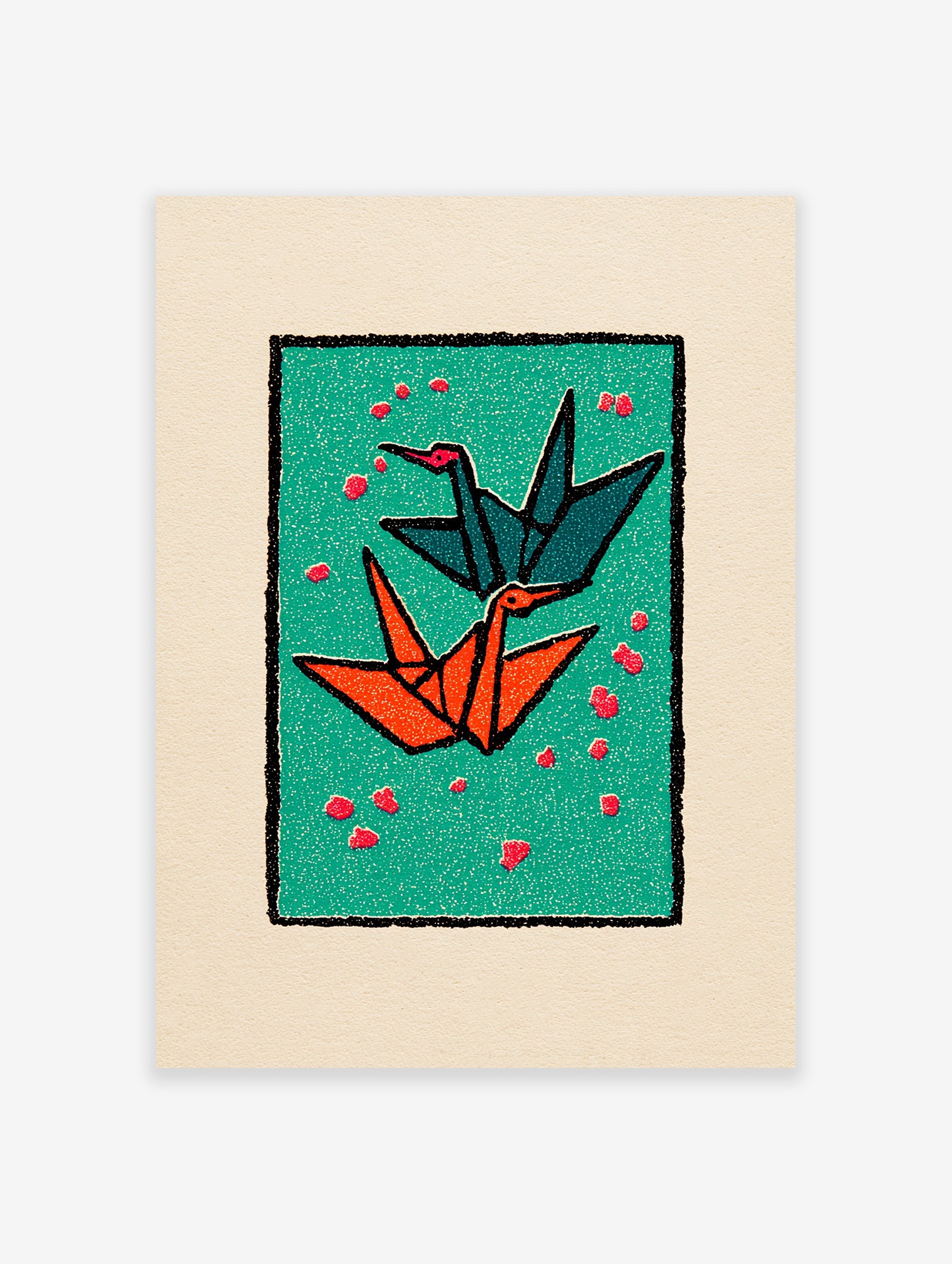 Two origami cranes, one teal and one orange, flying on a green background with red petals, framed by black and cream borders.