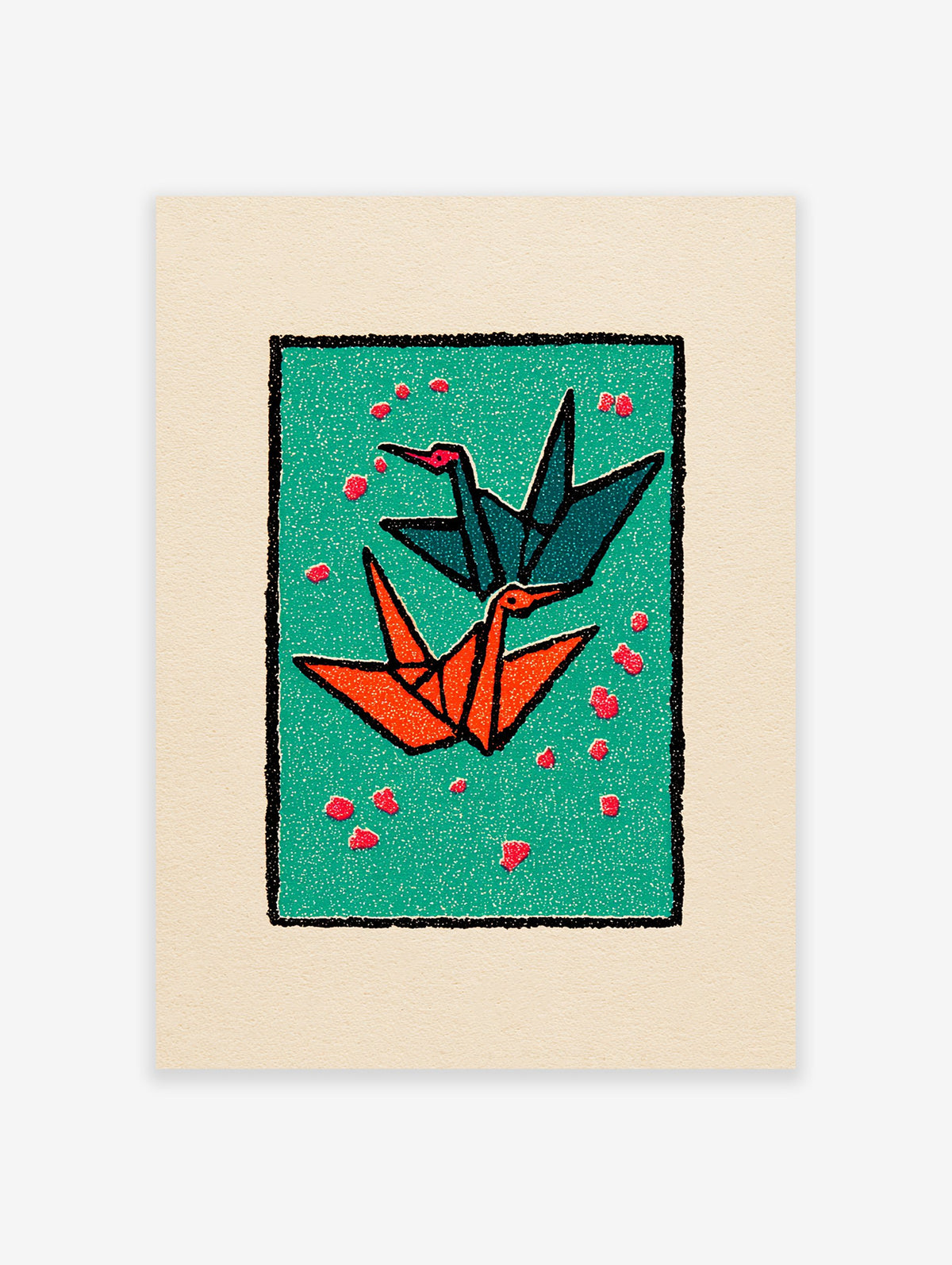 Two origami cranes, one teal and one orange, flying on a green background with red petals, framed by black and cream borders.