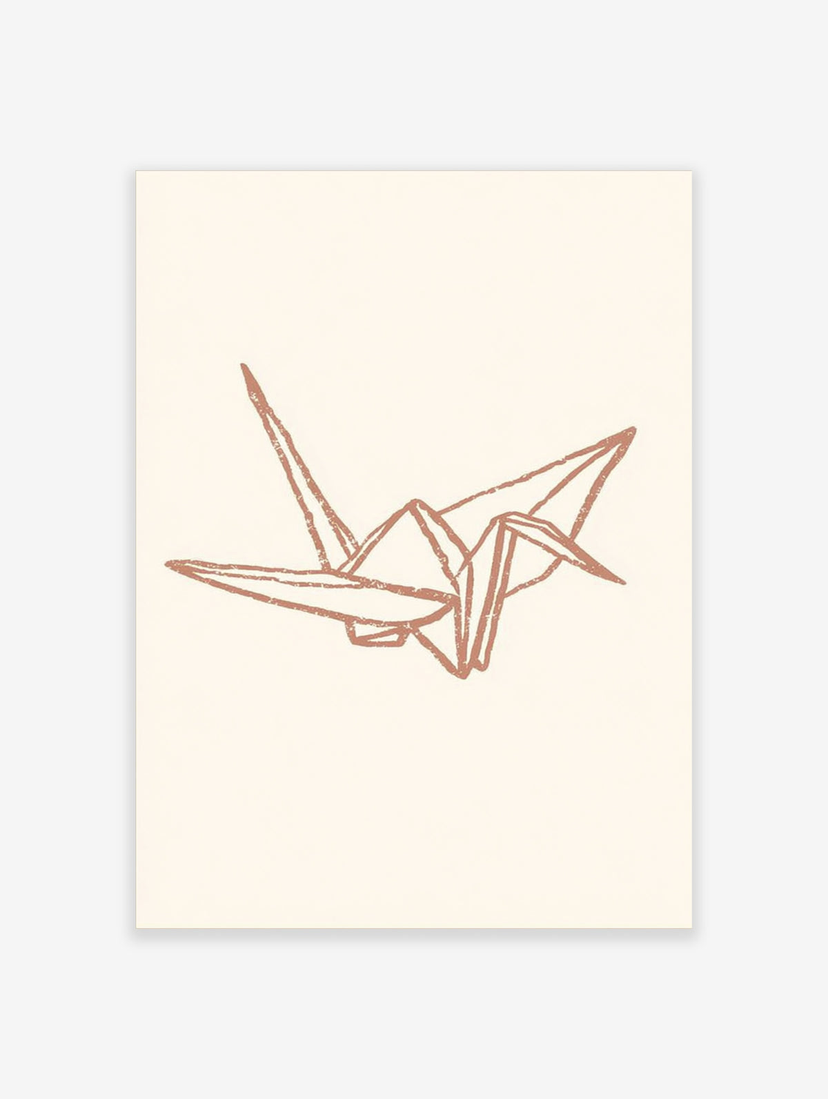 Dusty rose line drawing of an origami crane in flight on a pale background
