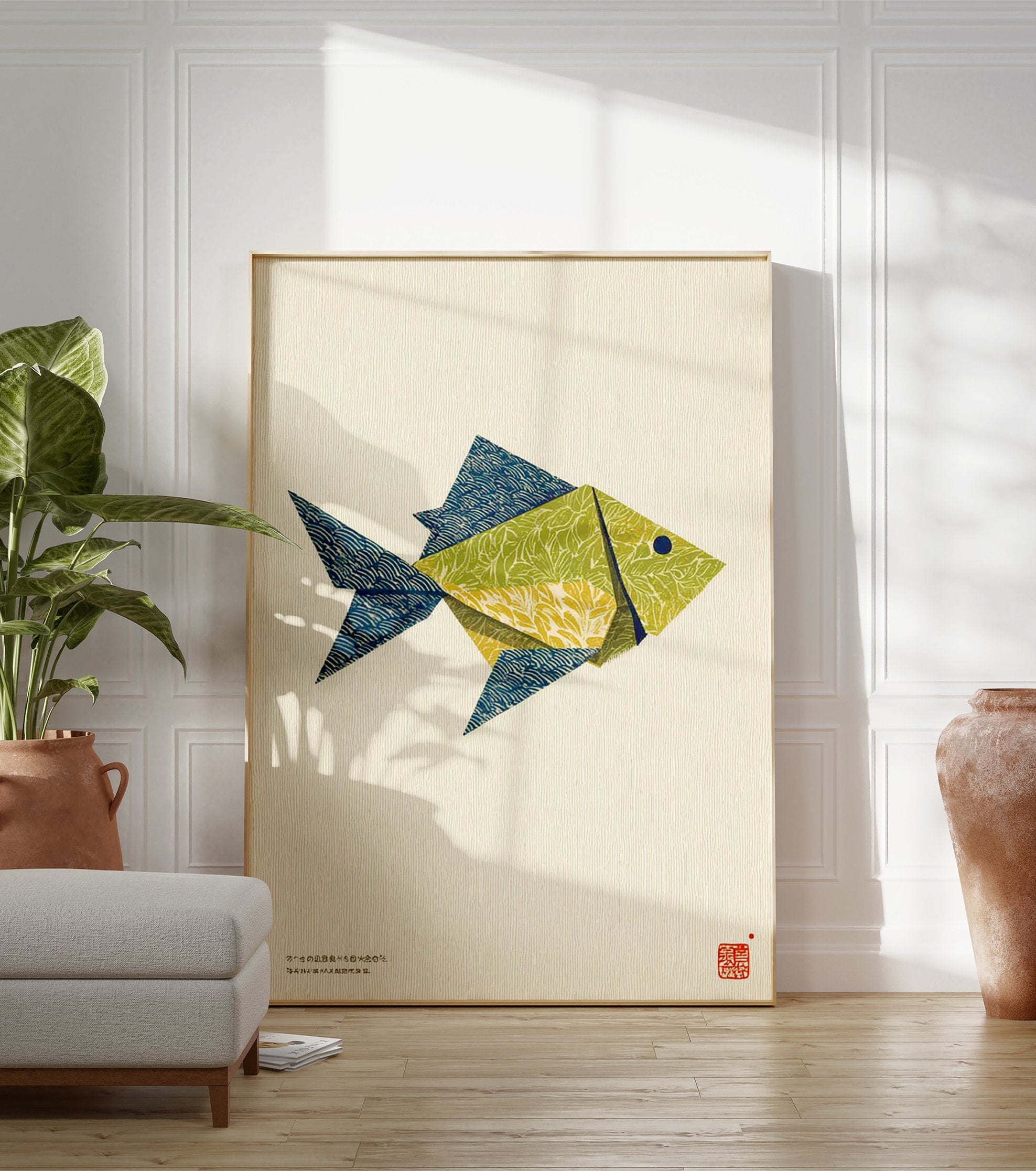 Origami fish wall art print with green, yellow, and blue patterned paper on a textured cream background. - Image 3