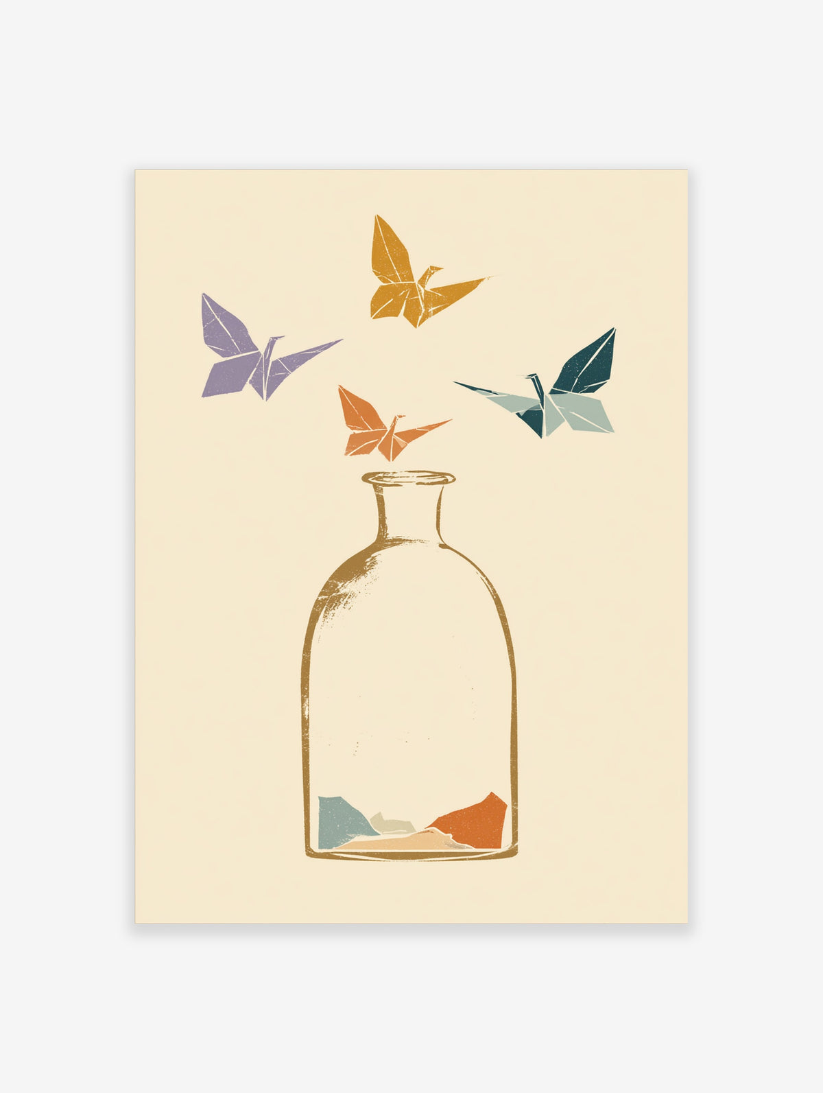 Origami paper cranes flying above a glass bottle art print with gold, purple, orange and teal birds on cream