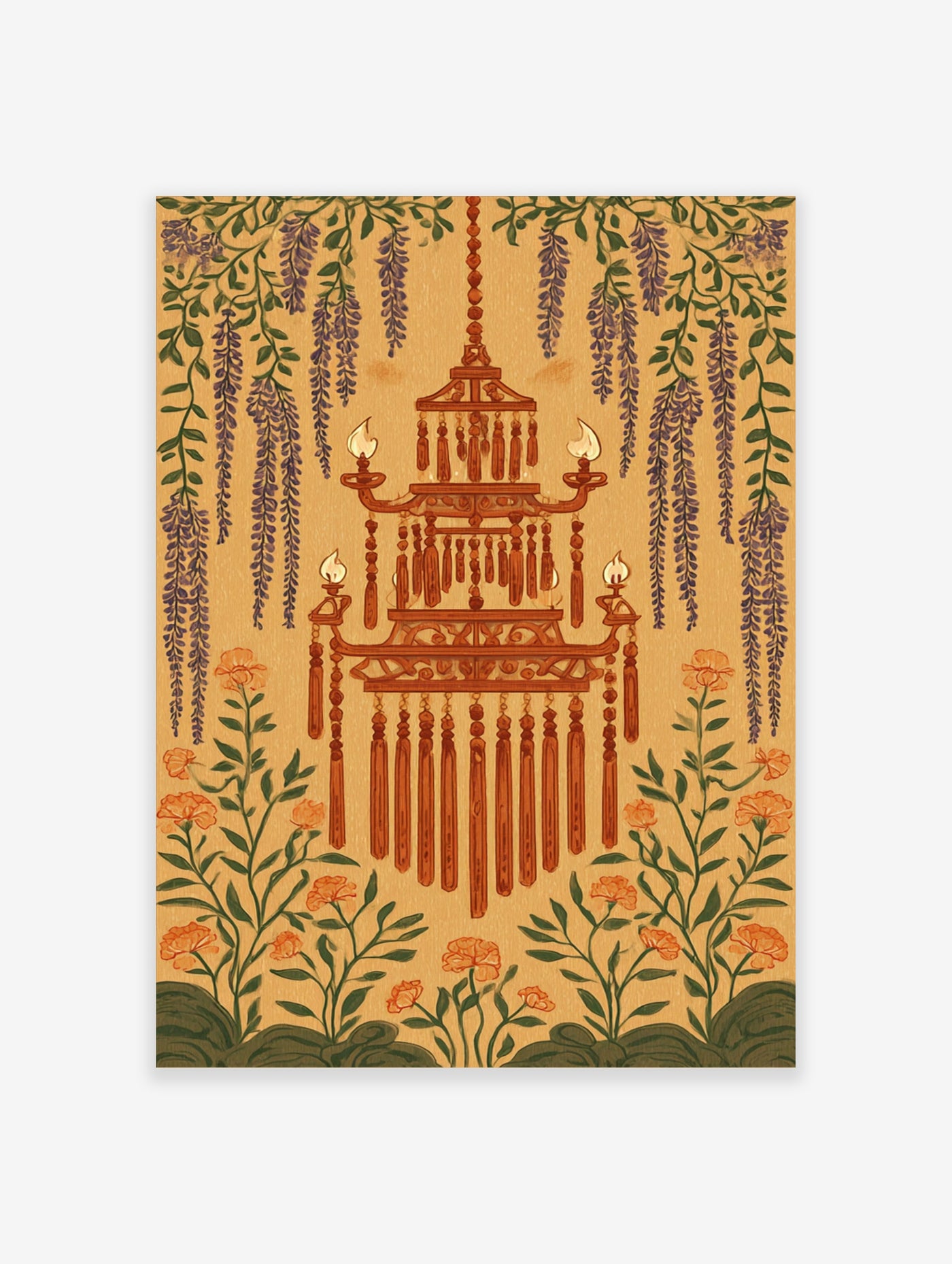 Ornate red chandelier with candles, purple wisteria, orange flowers on beige background, botanical illustration wall art