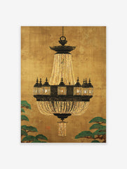 Ornate chandelier with gold crystal beads and black lanterns on a textured gold background with green pine branches