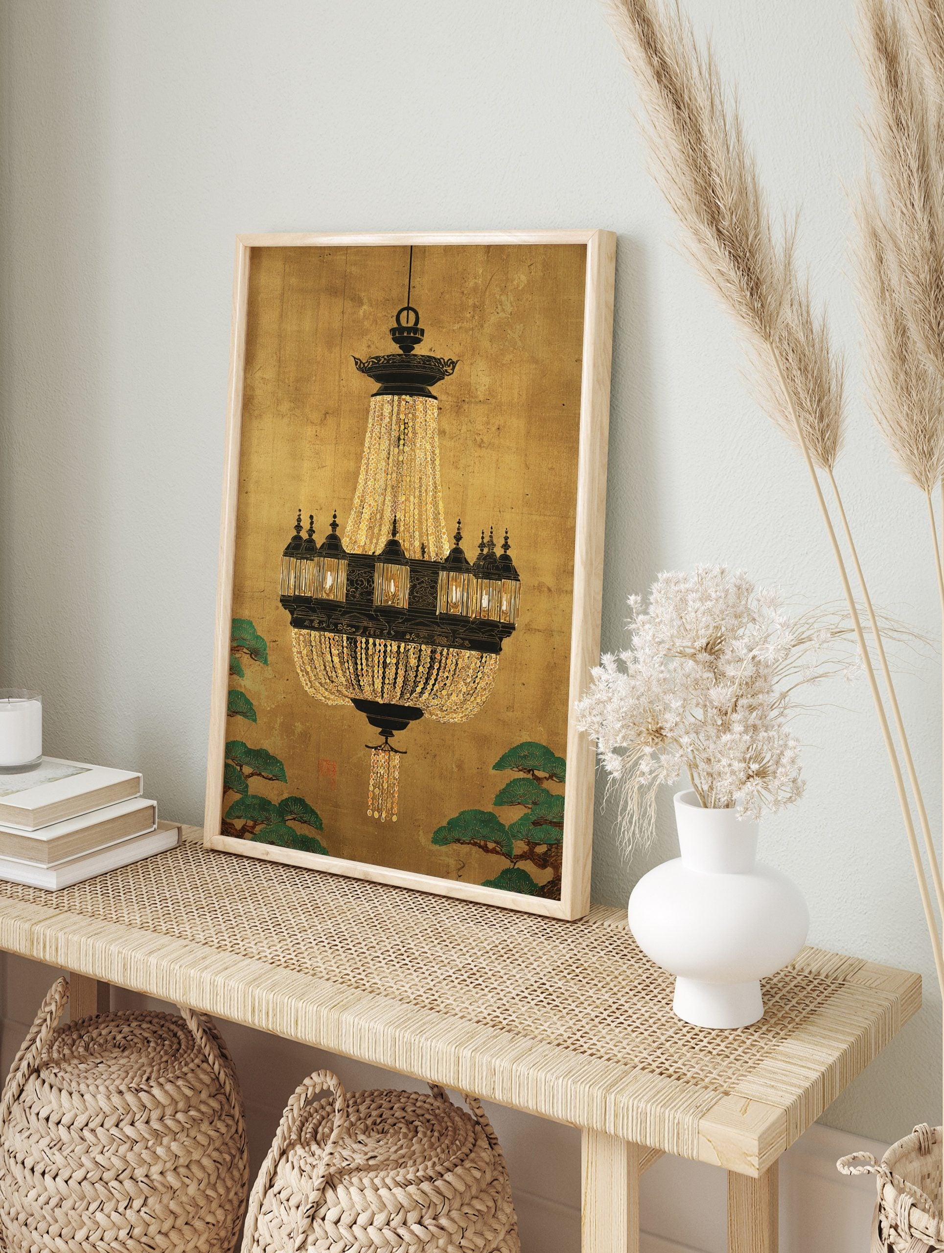 Ornate chandelier with gold crystal beads and black lanterns on a textured gold background, in an alternate framed mockup