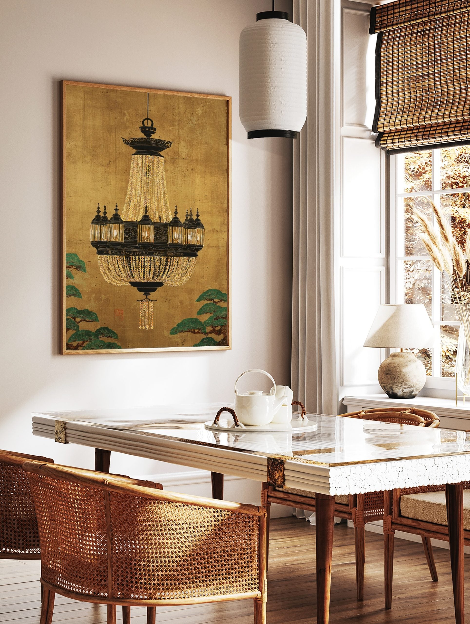 Ornate chandelier with gold crystal beads and black lanterns on a textured gold background with, in a styled room mockup