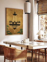 Ornate chandelier with gold crystal beads and black lanterns on a textured gold background with, in a styled room mockup