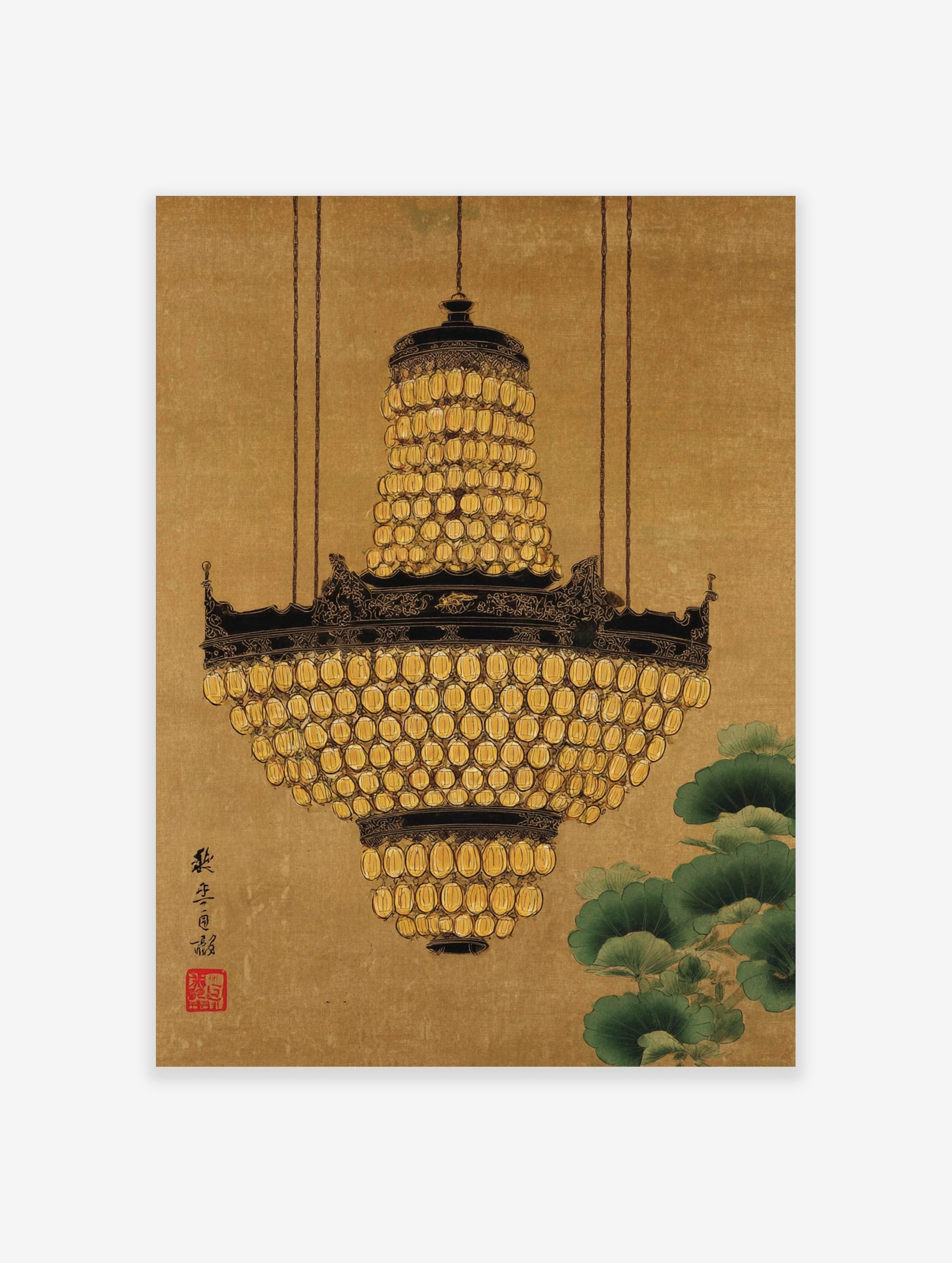 Ornate golden chandelier with many lantern-like elements hanging from chains, with green ginkgo leaves