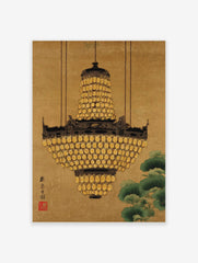 Ornate golden chandelier with many lantern-like elements hanging from chains, with green ginkgo leaves