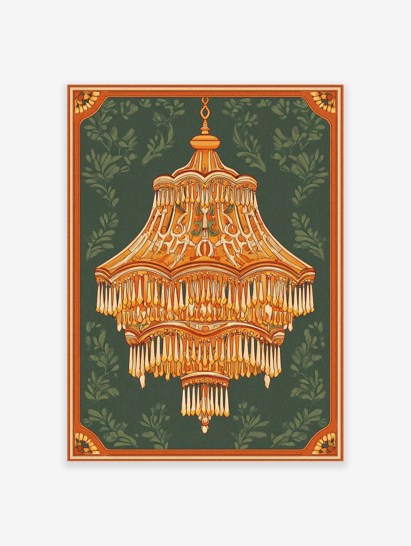 Ornate gold chandelier illustration with fringe on green botanical background, vintage wall art print