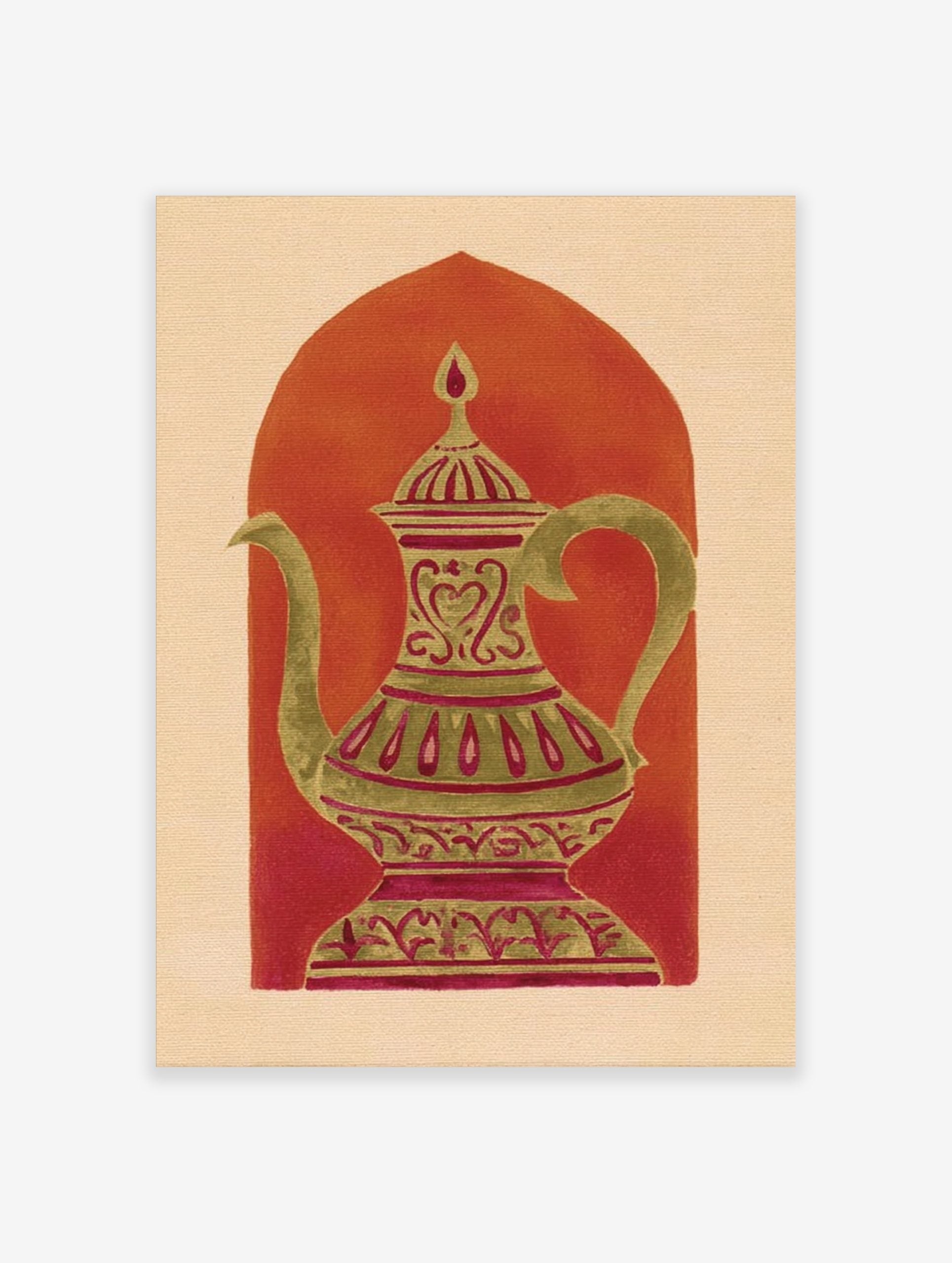 Ornate gold-green coffee pot with magenta patterns against a reddish-orange arch on a beige background