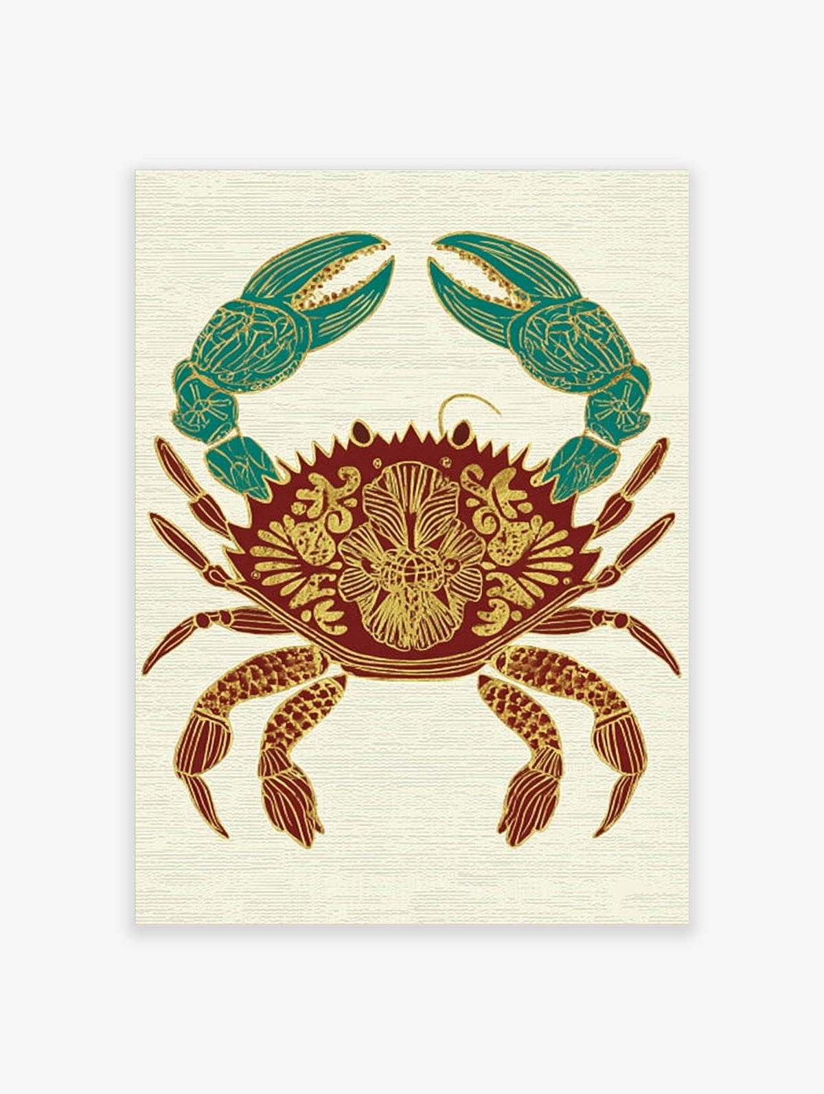 Ornate crab illustration wall art print with gold patterns on a red body and teal claws, on a cream background