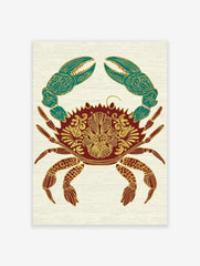 Ornate crab illustration wall art print with gold patterns on a red body and teal claws, on a cream background