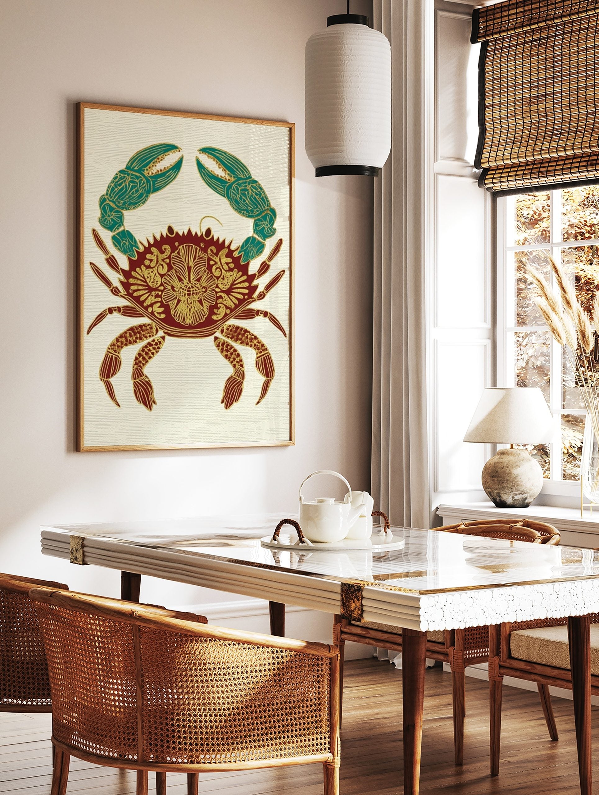 Ornate crab illustration wall art print with gold patterns on a red body and teal claws, on a cream, in a styled room mockup