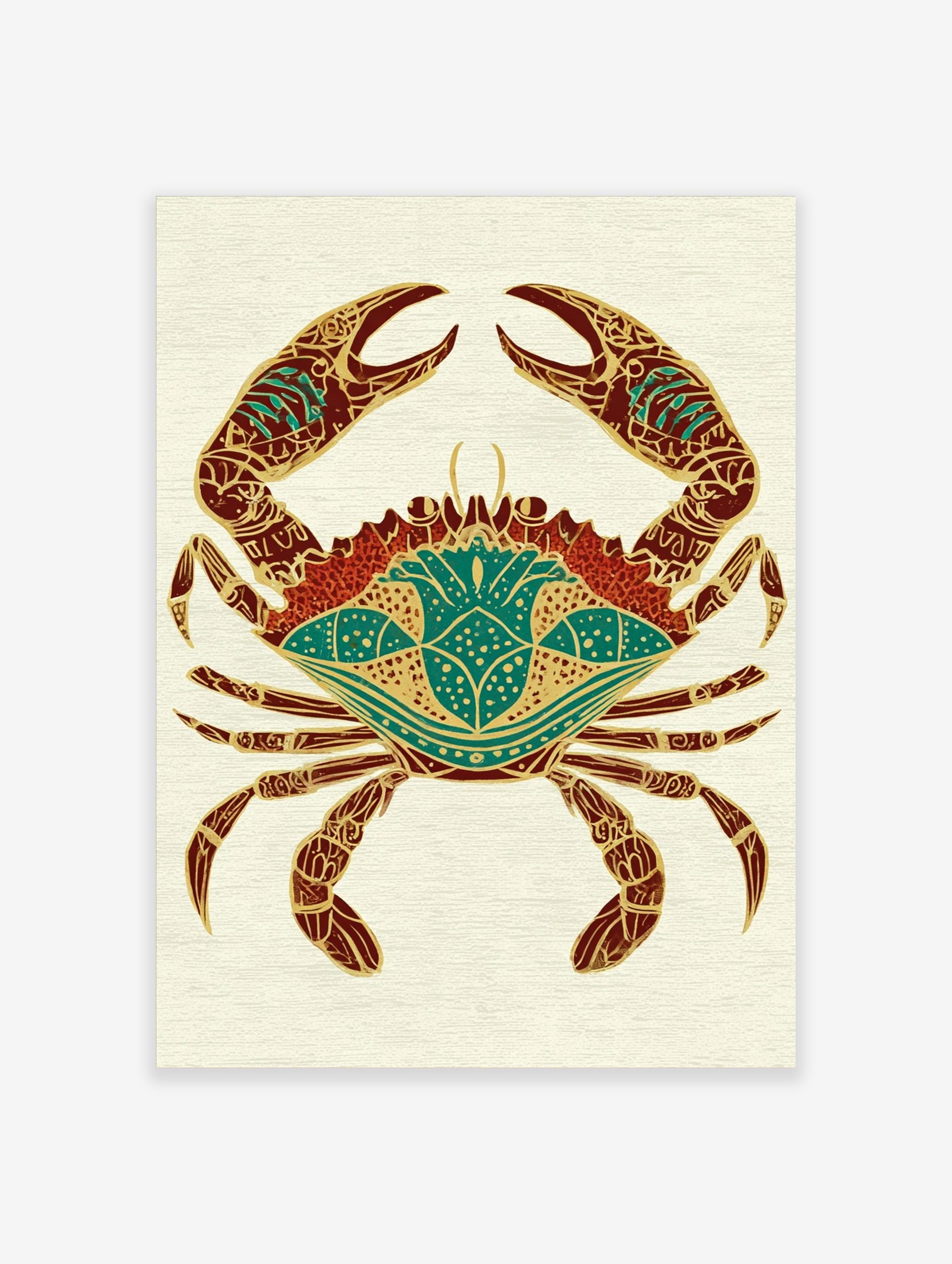 Ornate crab illustration with gold patterns on red and teal body on a light textured background