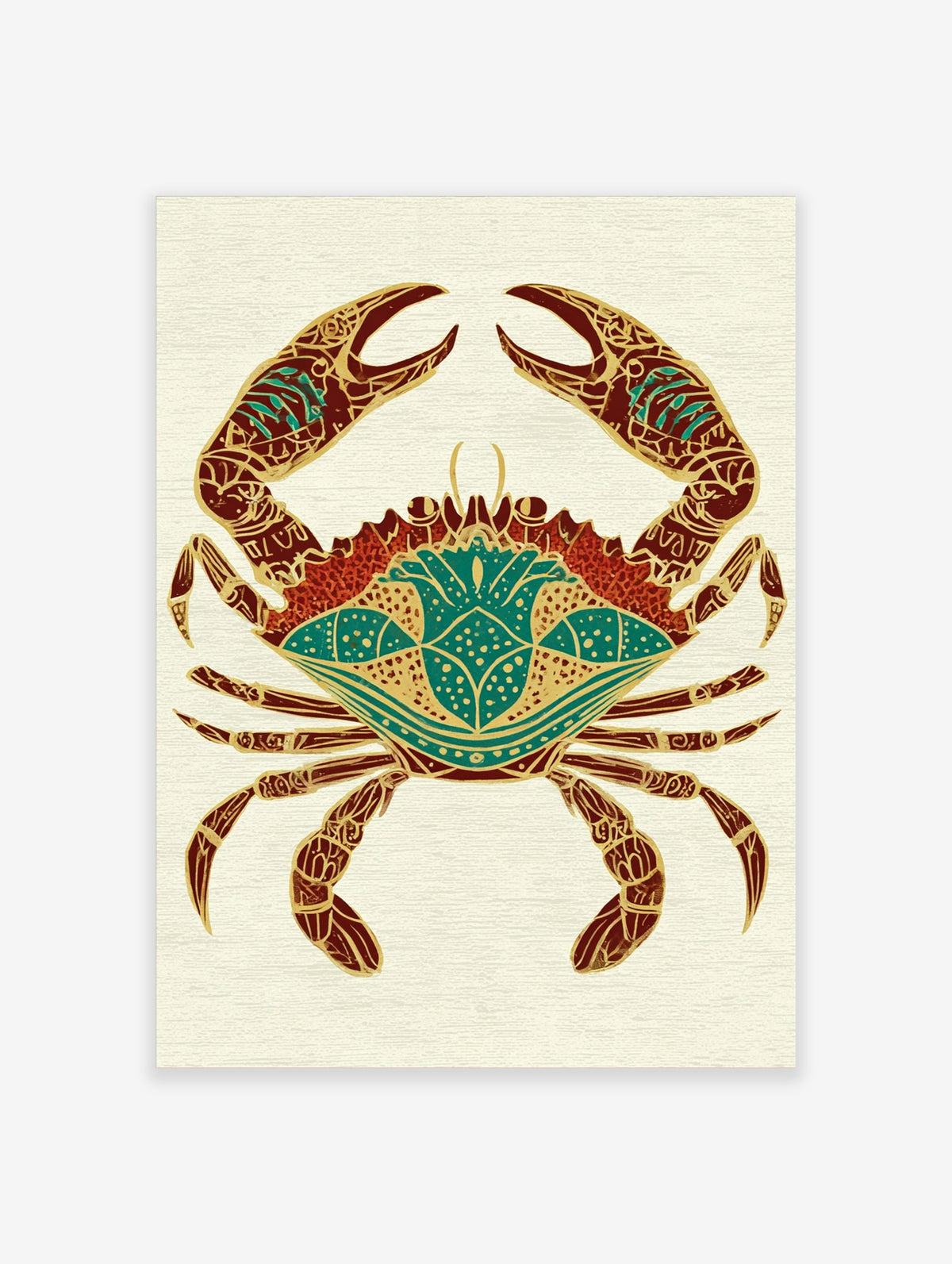 Ornate crab illustration with gold patterns on red and teal body on a light textured background