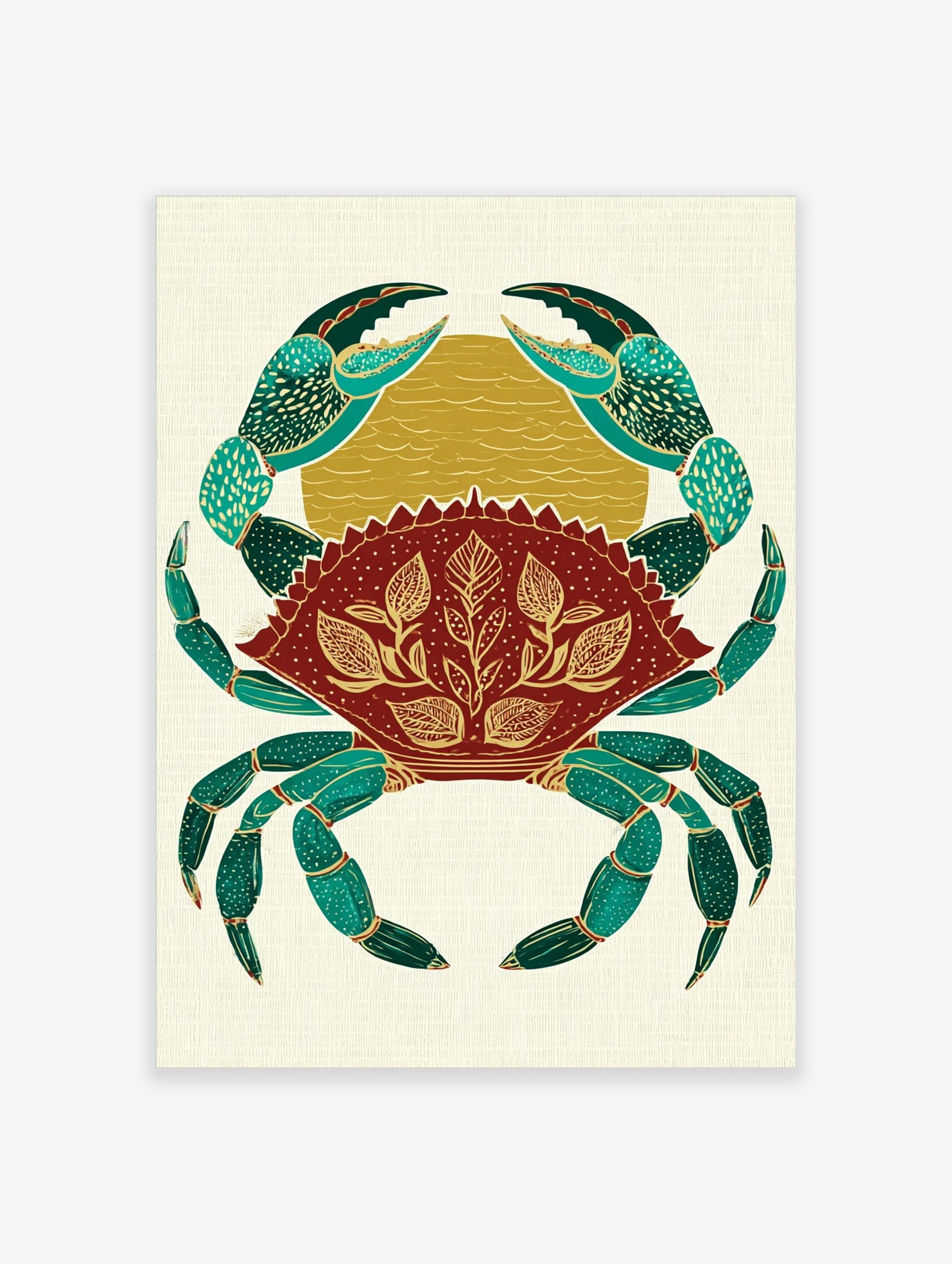 Ornate crab illustration wall art in teal, red, and gold with botanical patterns on a textured background