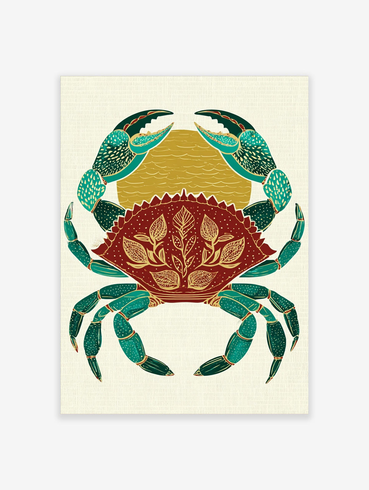 Ornate crab illustration wall art in teal, red, and gold with botanical patterns on a textured background