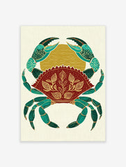 Ornate crab illustration wall art in teal, red, and gold with botanical patterns on a textured background