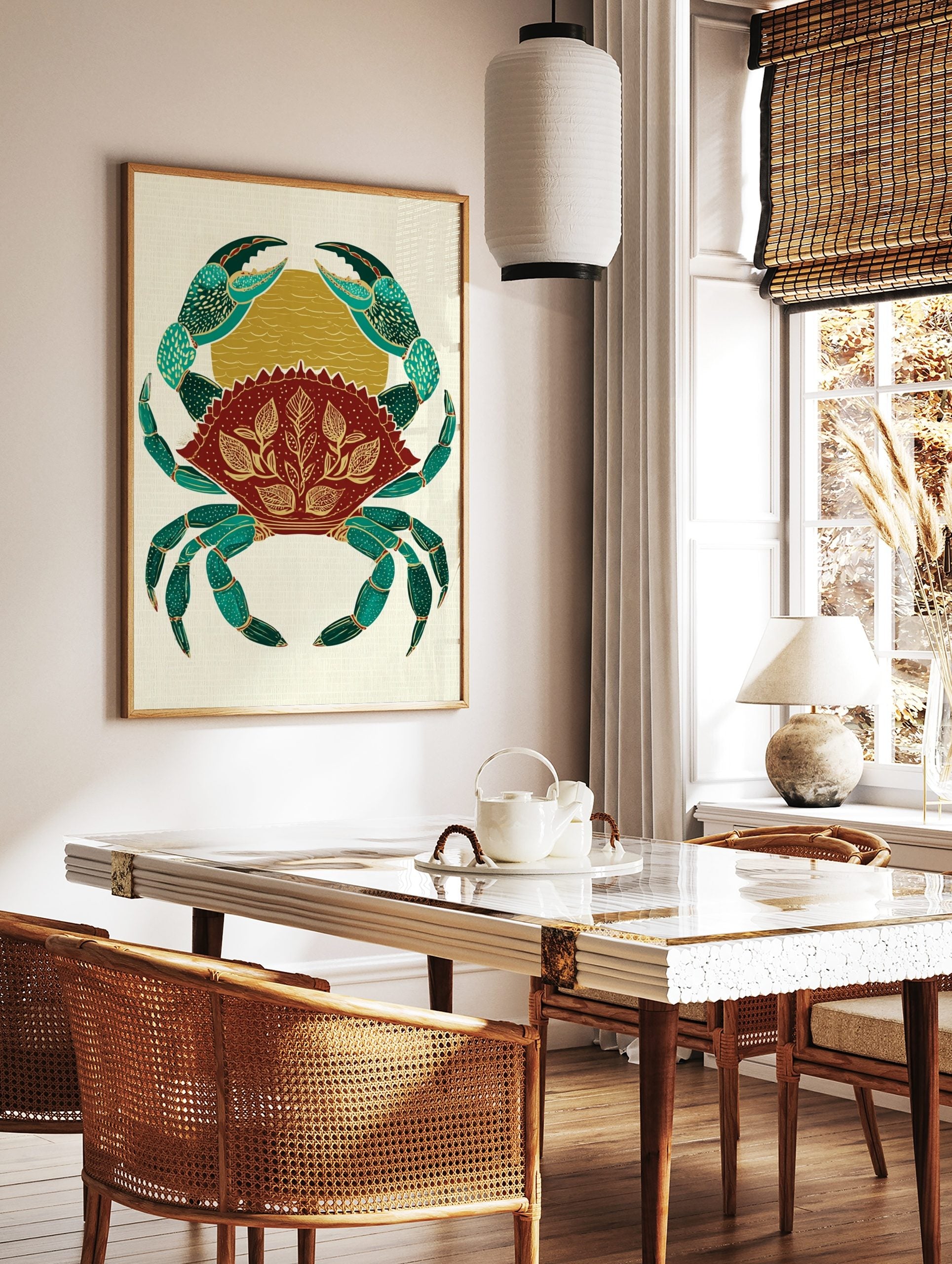Ornate crab illustration wall art in teal, red, and gold with botanical patterns on a textured, in a styled room mockup