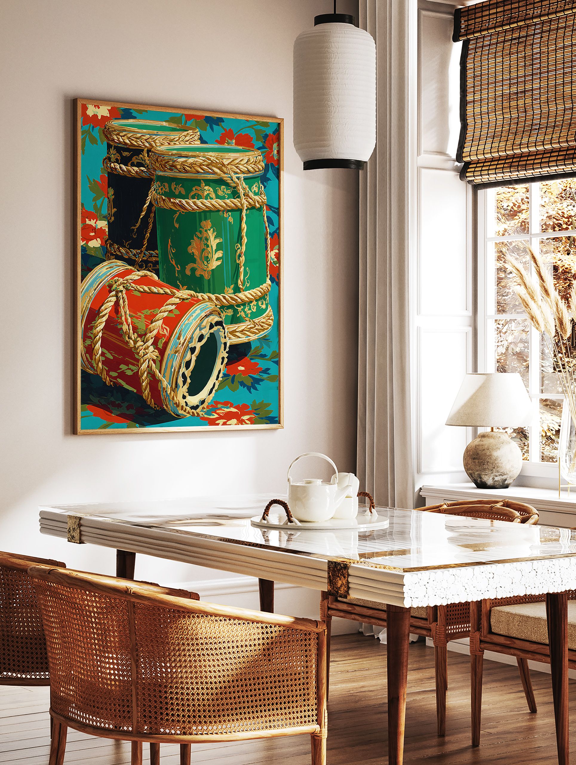 Ornate decorative drums wall art in red, green, and black with gold patterns and ropes on a turquoise floral background. - Image 2