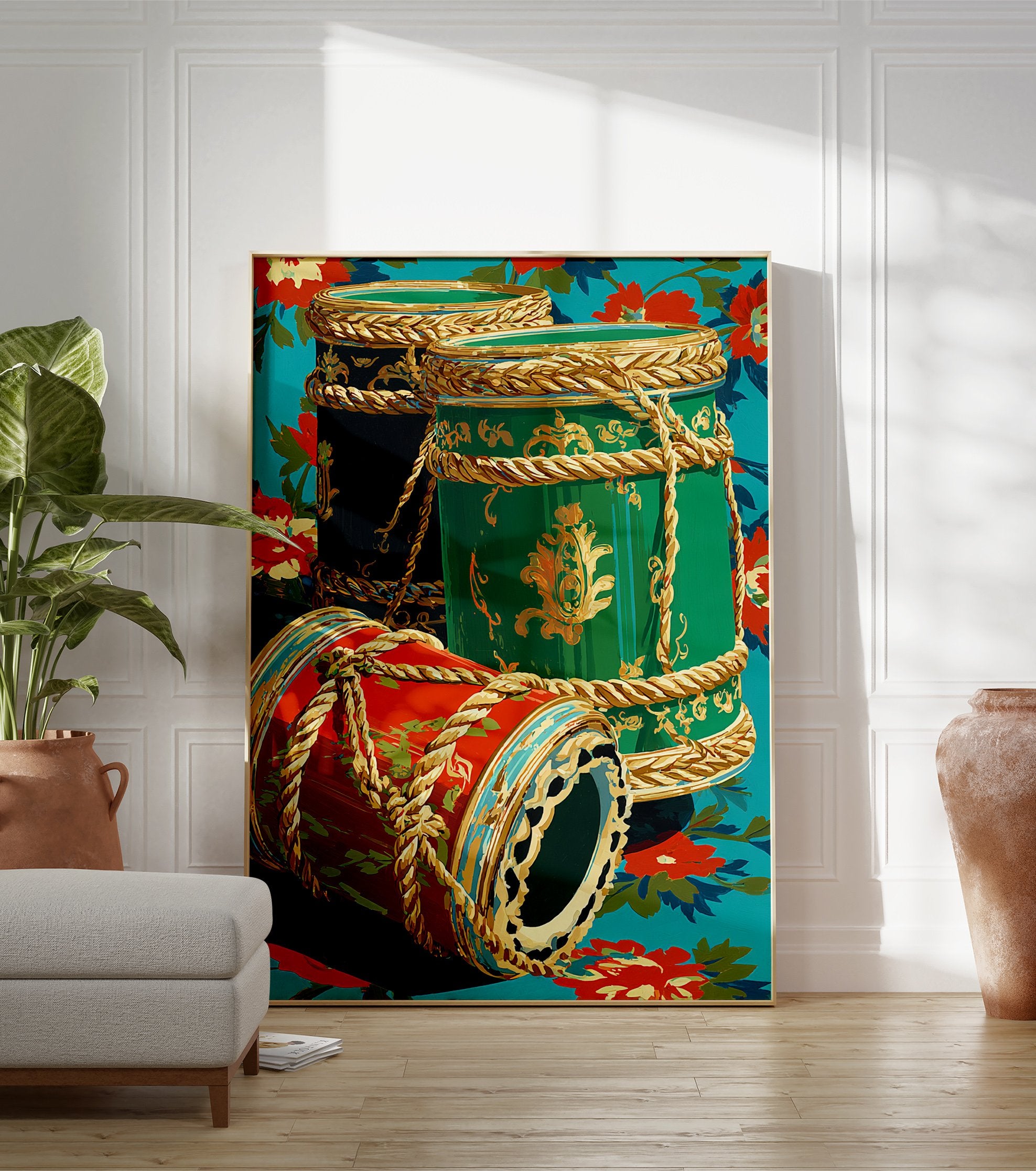 Ornate decorative drums wall art in red, green, and black with gold patterns and ropes on a turquoise floral background. - Image 3