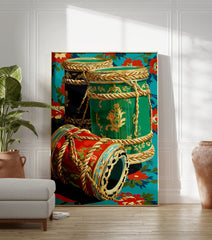 Ornate decorative drums wall art in red, green, and black with gold patterns and ropes on a turquoise floral background. - Image 3
