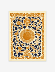 Ornate floral sun art print with gold and navy botanical patterns on a cream background, portrait orientation