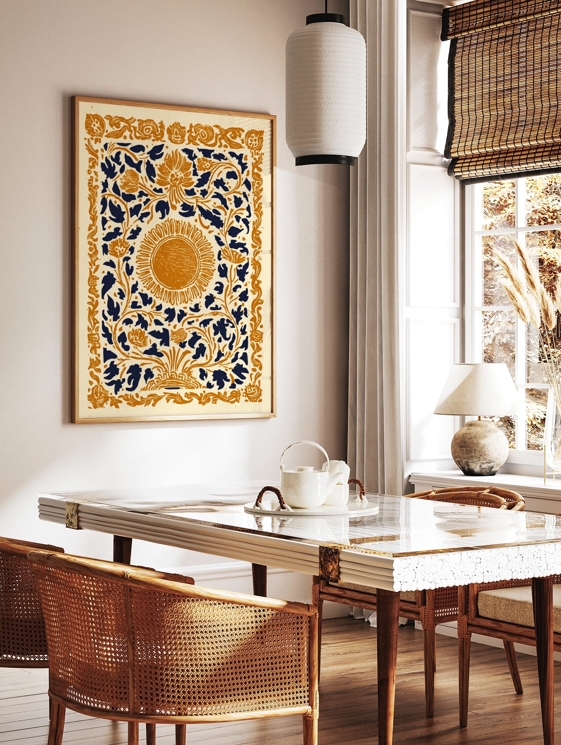 Ornate floral sun art print with gold and navy botanical patterns on a cream background, portrait, in a styled room mockup