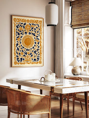 Ornate floral sun art print with gold and navy botanical patterns on a cream background, portrait, in a styled room mockup