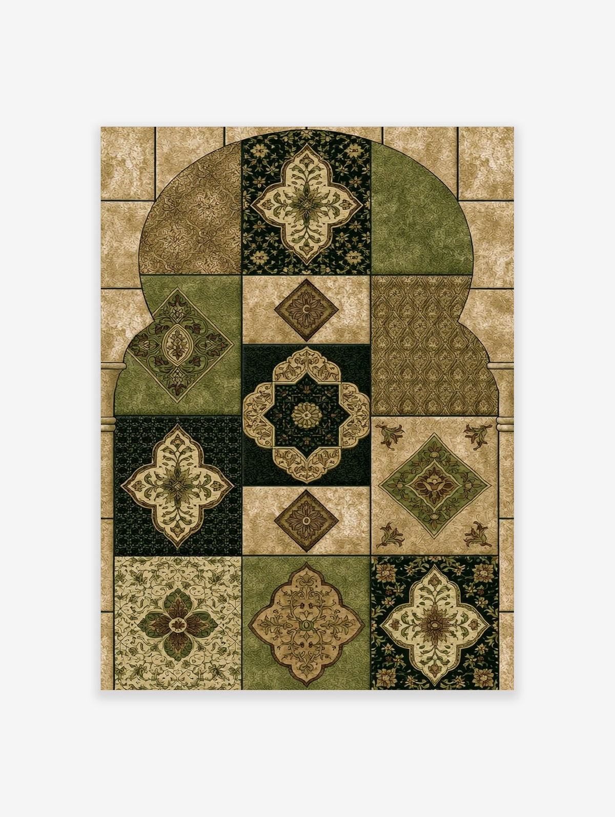 Ornate geometric wall art with green and beige patterns, diamond and floral motifs, tile-like composition