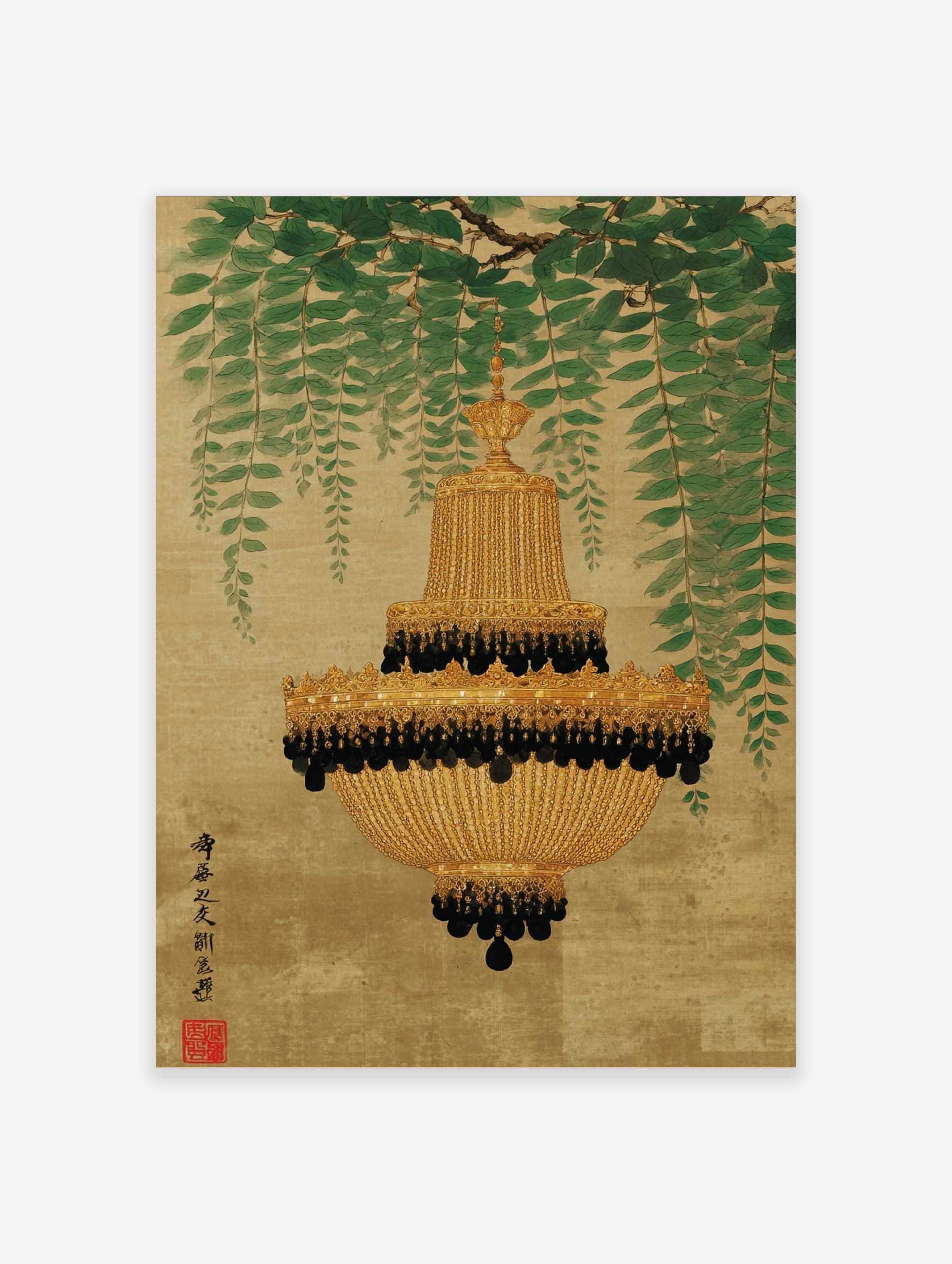 Ornate gold chandelier with black beads hanging from a branch with weeping green leaves on a textured gold background