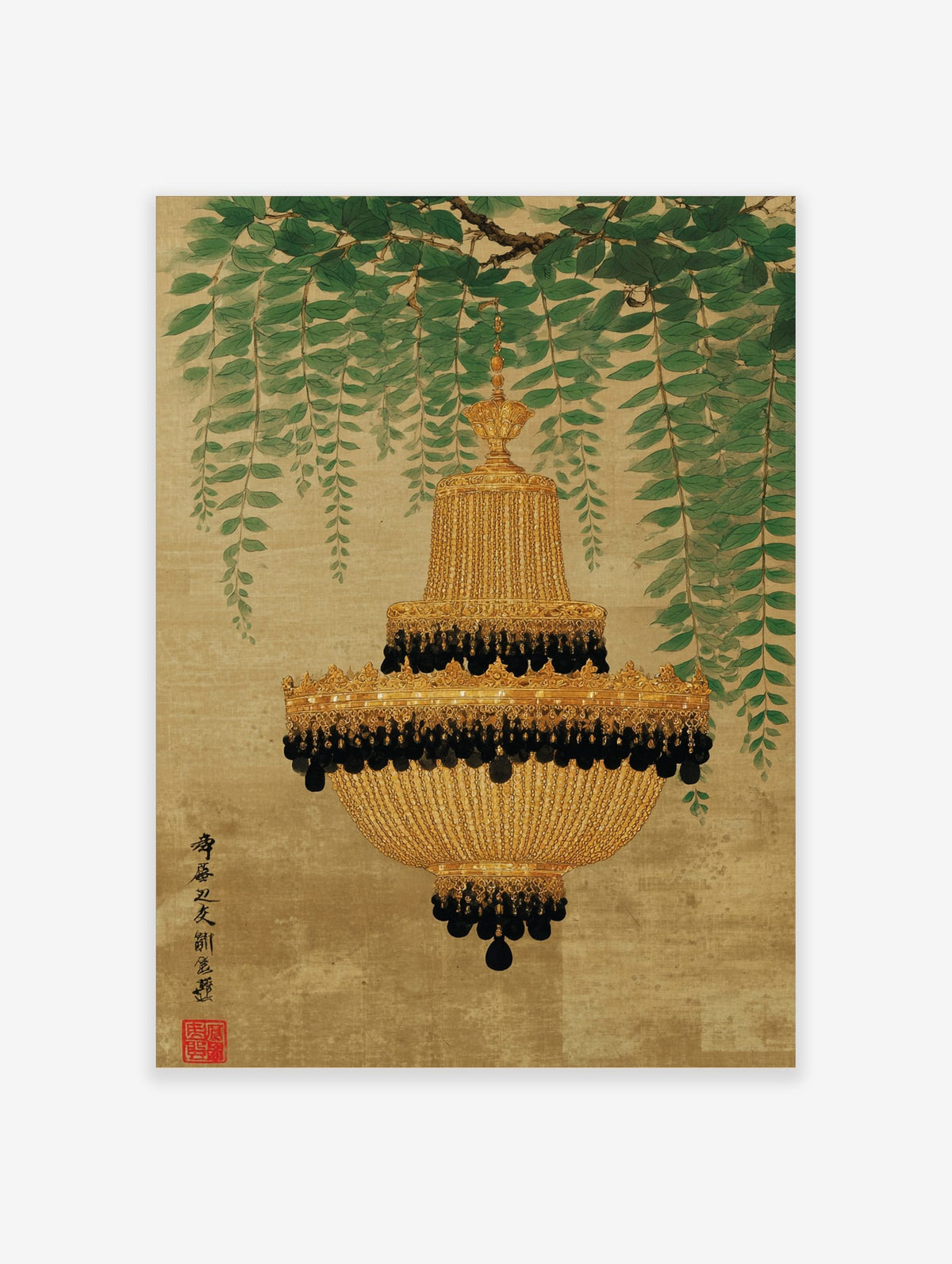 Ornate gold chandelier with black beads hanging from a branch with weeping green leaves on a textured gold background