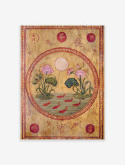 Ornate Indian lotus flowers and red fish in a pond, with red script and circular motifs on gold background