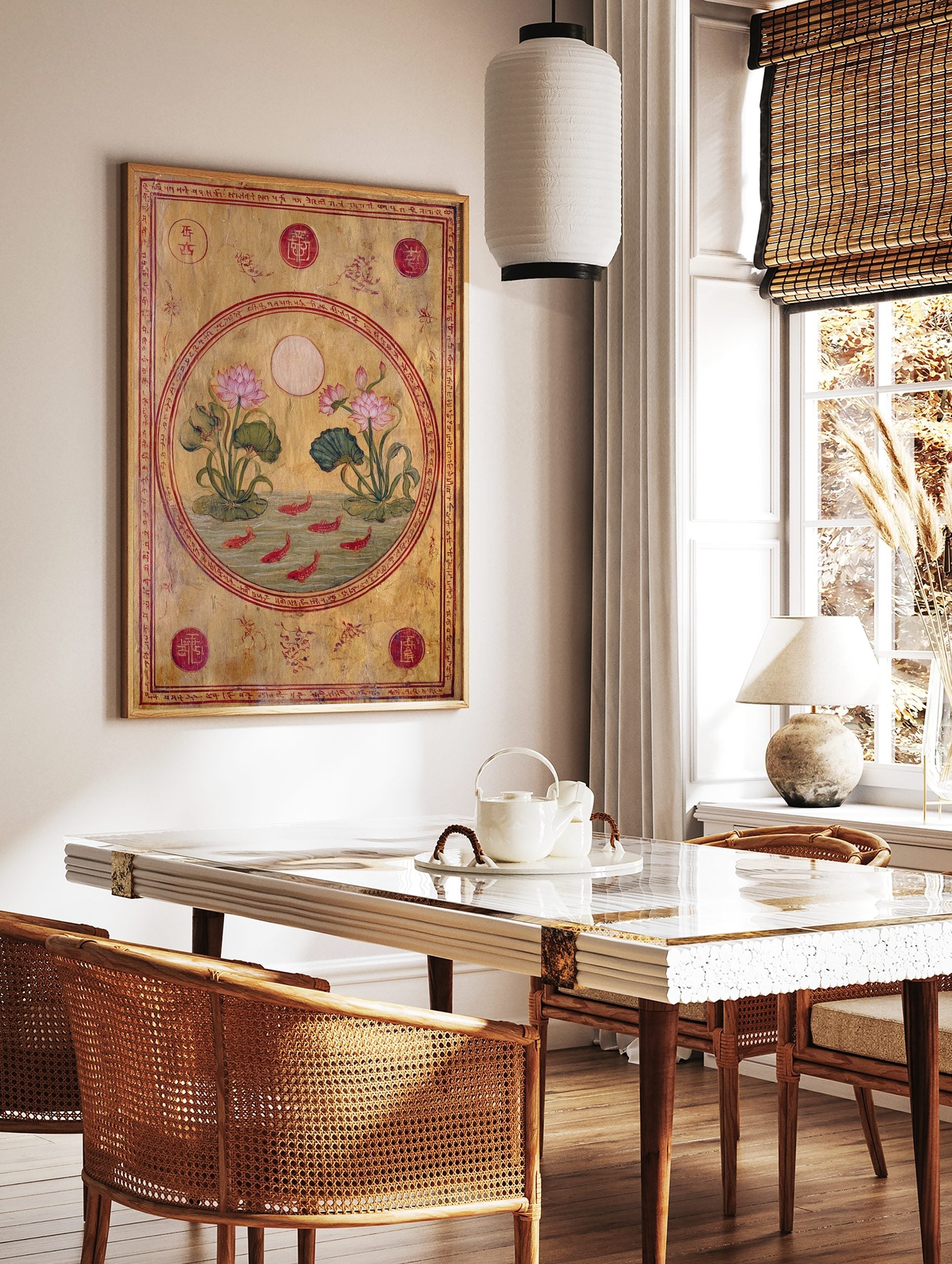 Ornate Indian lotus flowers and red fish in a pond, with red script and circular motifs on gold, in a styled room mockup
