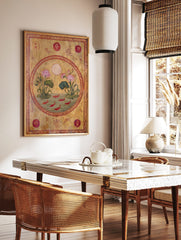 Ornate Indian lotus flowers and red fish in a pond, with red script and circular motifs on gold, in a styled room mockup