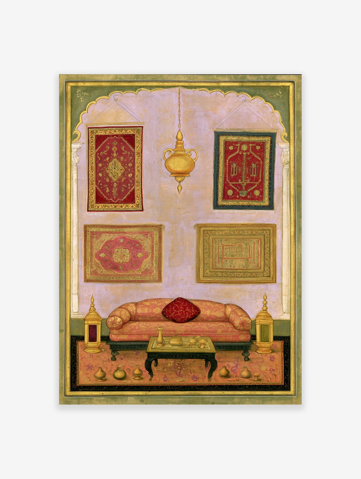 Ornate interior illustration featuring a central sofa, hanging rugs, and decorative vessels in red and gold tones