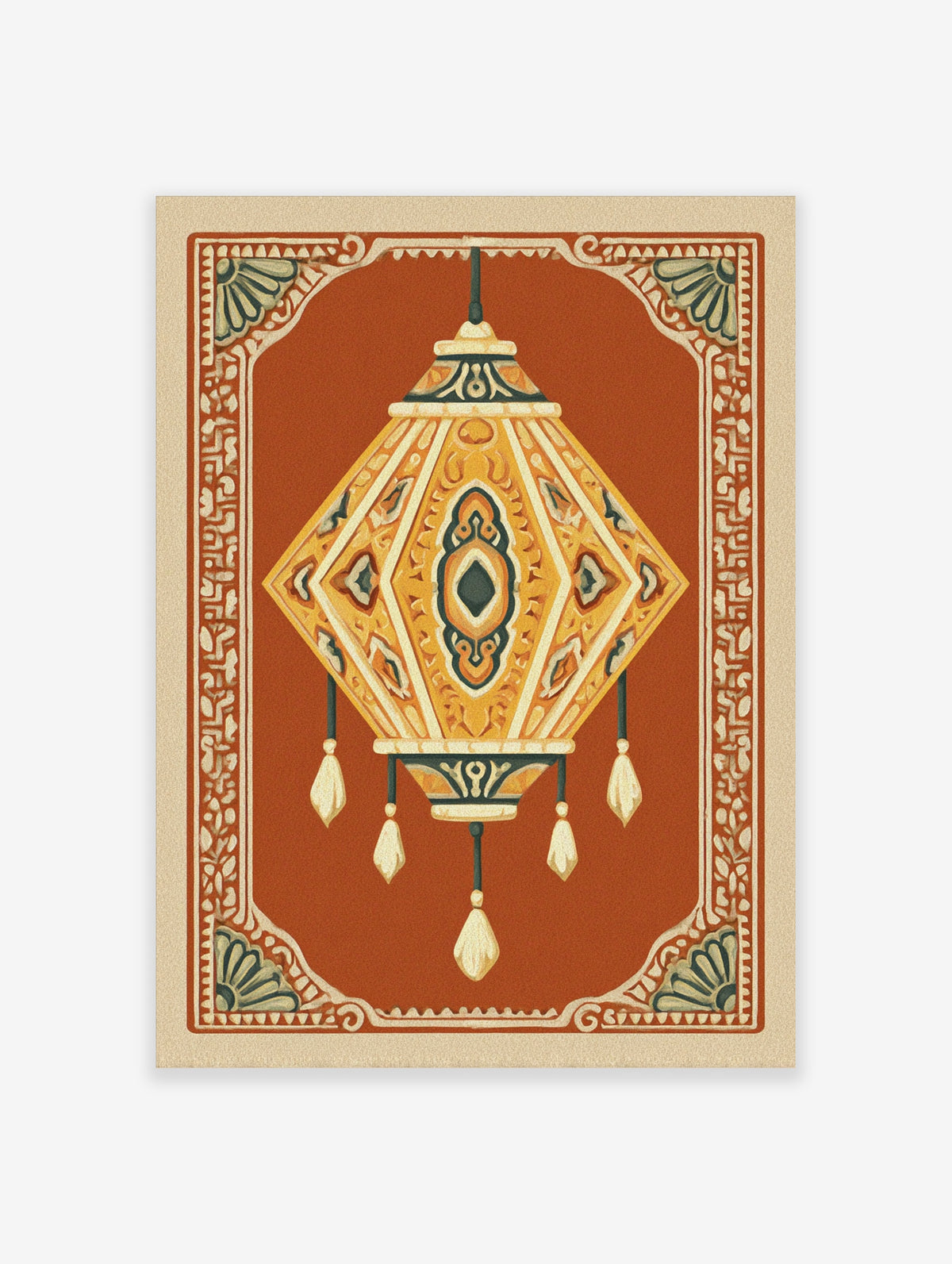Ornate lantern wall art with geometric patterns in gold, teal, and white on terracotta background