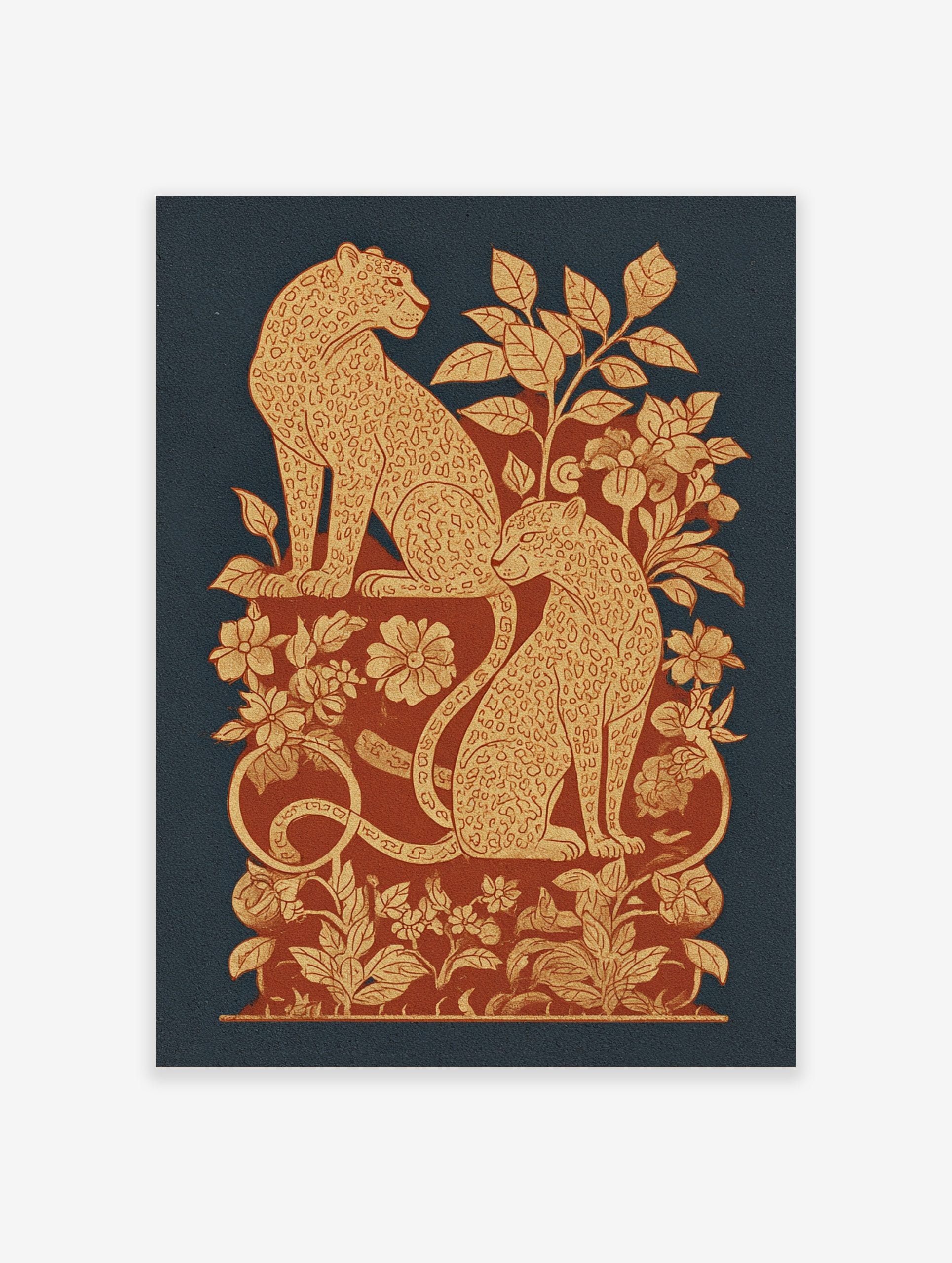 Ornate leopard print with two spotted felines amidst beige and red botanical foliage on a blue background