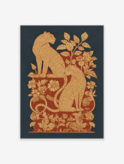 Ornate leopard print with two spotted felines amidst beige and red botanical foliage on a blue background