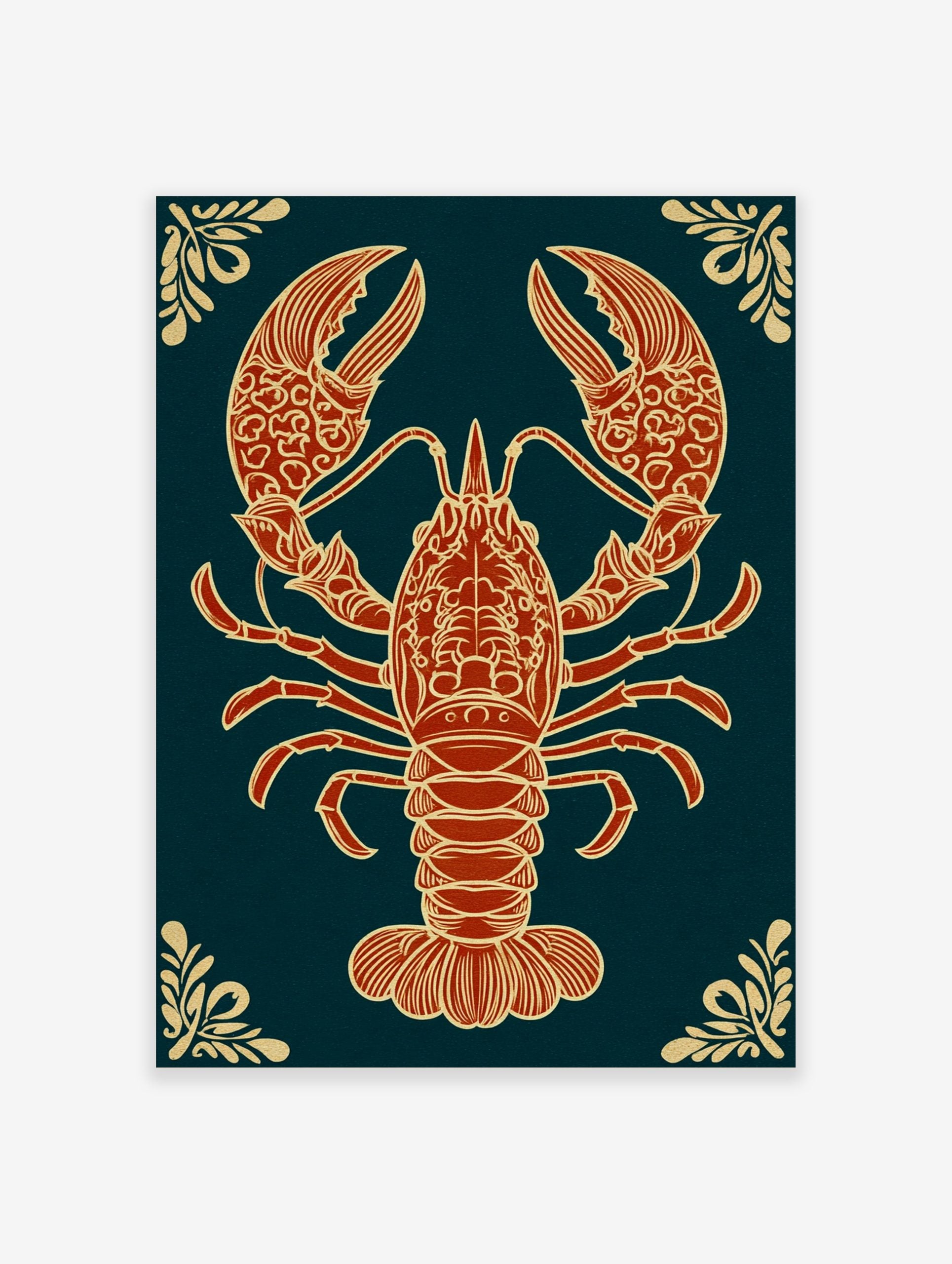 Ornate red-orange lobster illustration with gold details on dark teal background, portrait orientation