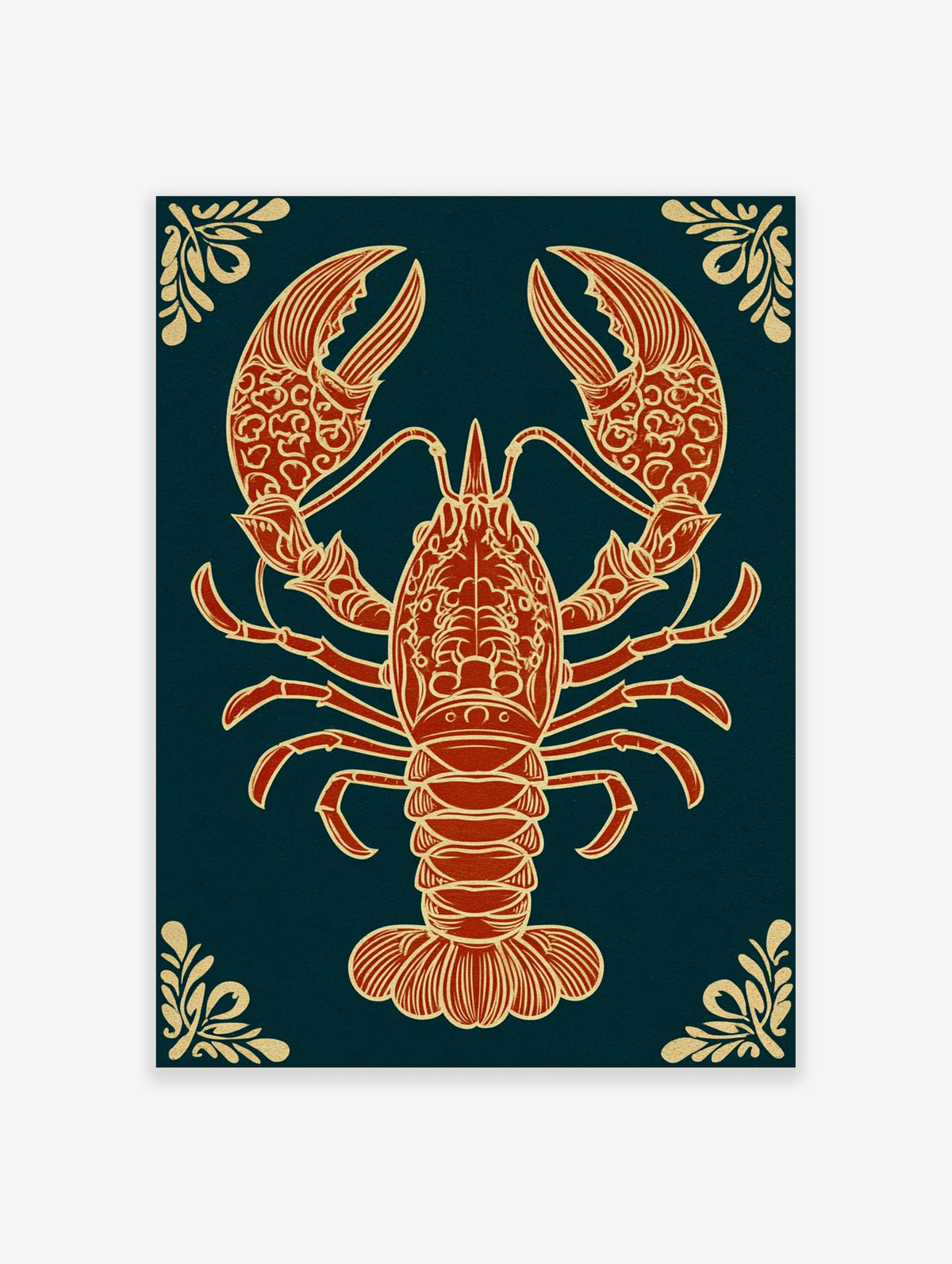 Ornate red-orange lobster illustration with gold details on dark teal background, portrait orientation